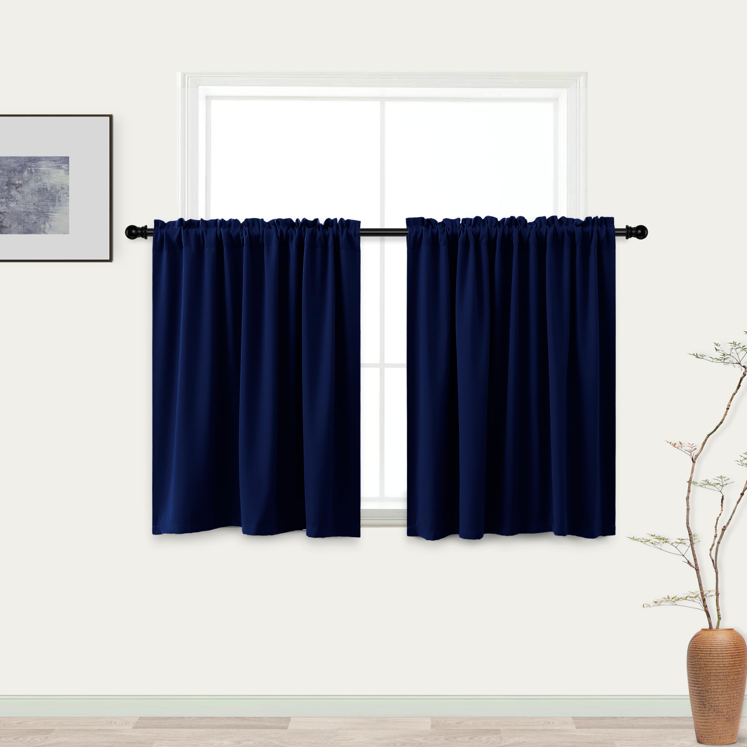 KOUFALL Navy Blue Kitchen Curtains Sets for Windows,Short Blackout Curtains for Cafe,24 Inch Length,Dark Blue