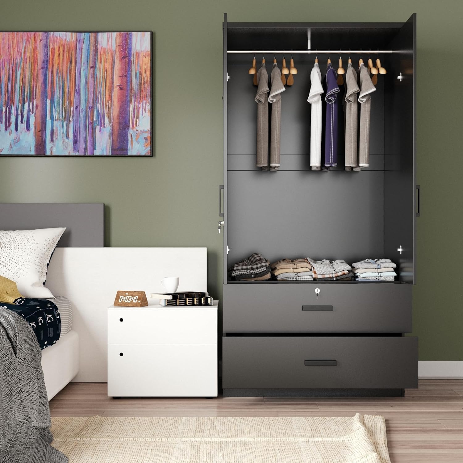 Woodpeckers Furniture And Mattress Mirrored 2 Doors Wardrobe & 2 Drawers 72" Tall (Black)