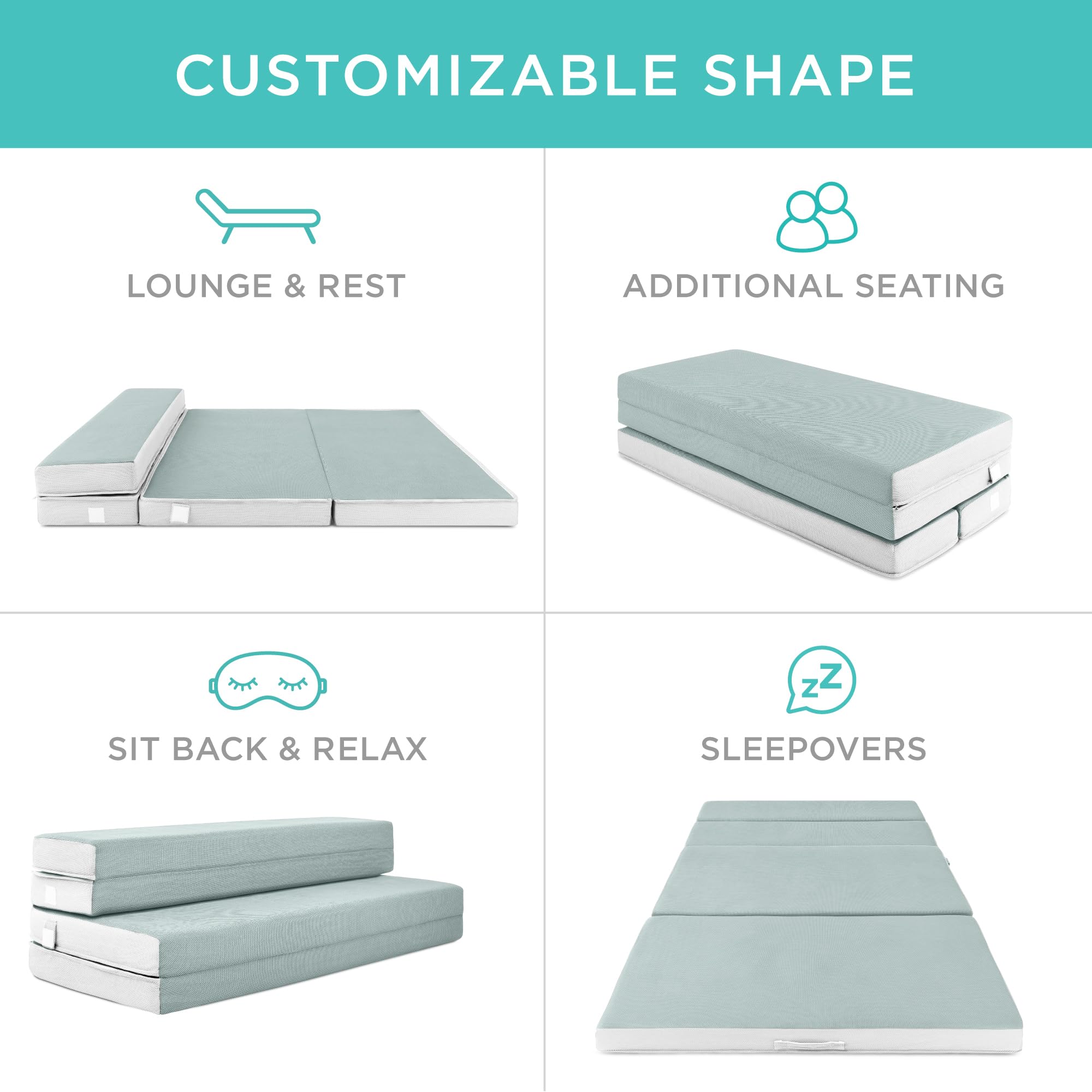 Best Choice Products 4In Portable Twin Xl-Size Mattress, Folding Mattress Topper For Camping, Guest, Toddler, Foam Plush W/Carry Case - Seafoam