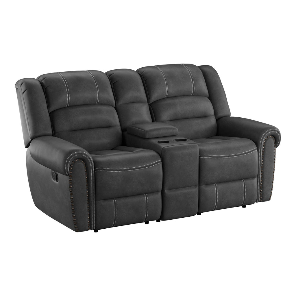 Madrona Burke Mason Slate Gray Reclining Console Loveseat with Contrast Stitching