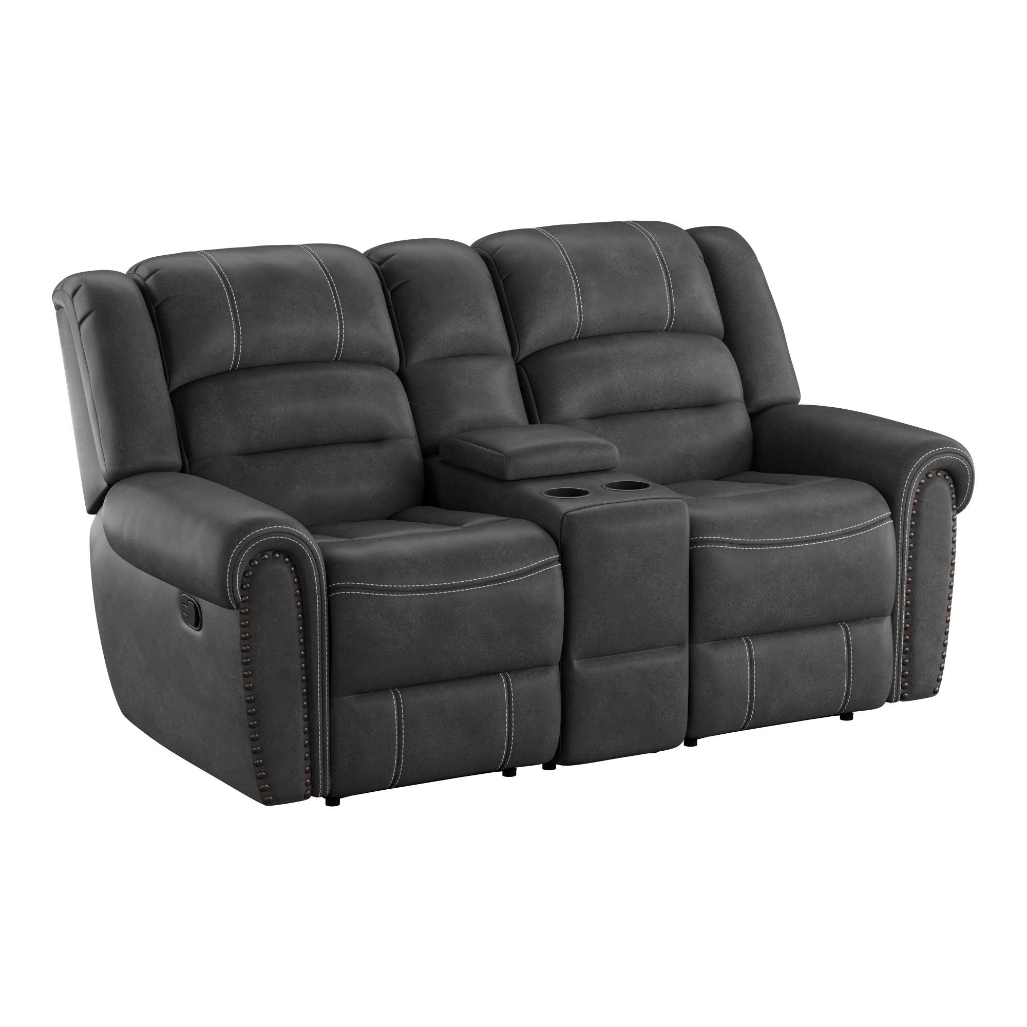 Madrona Burke Mason Slate Gray Reclining Console Loveseat with Contrast Stitching