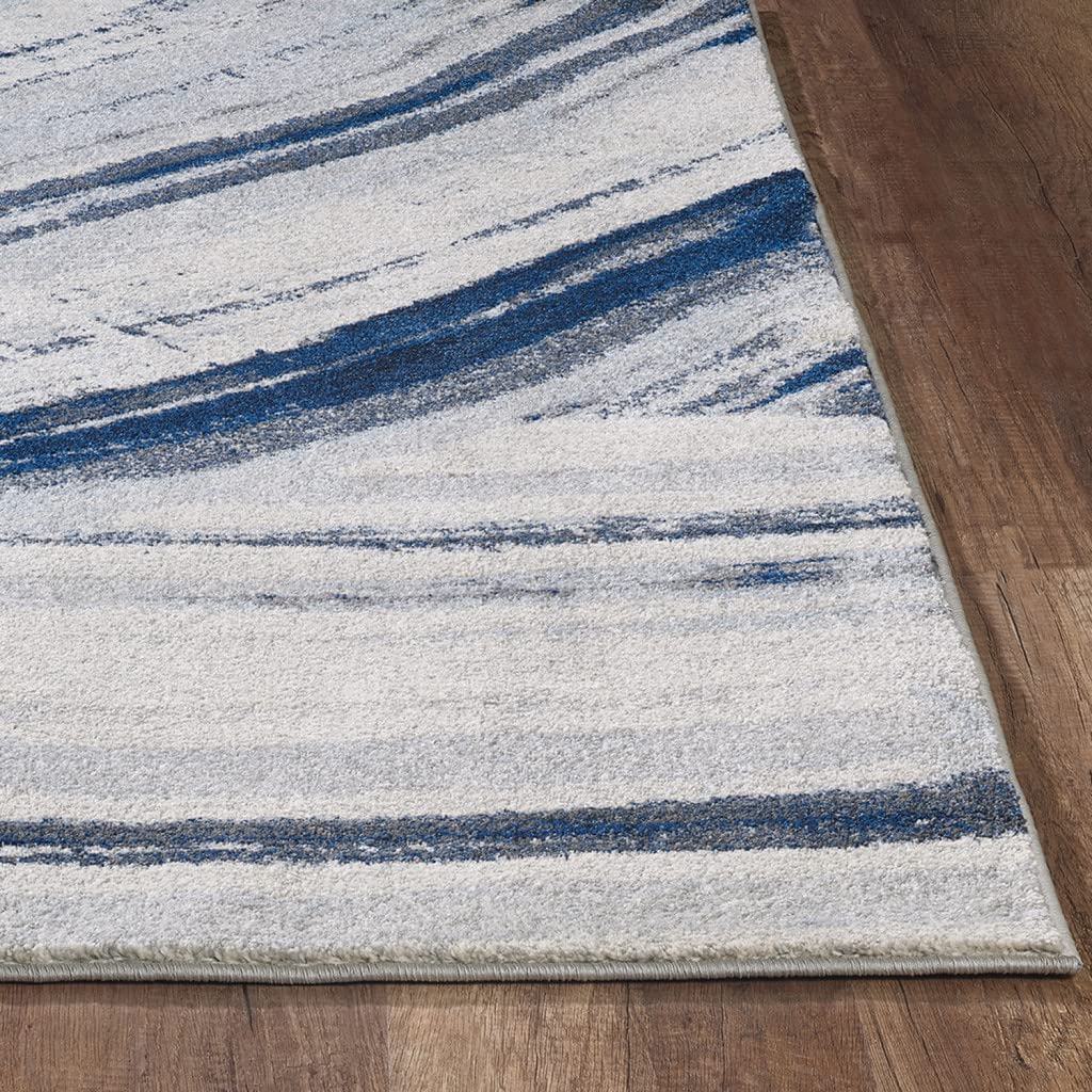 HomeRoots Ivory/Blue Heat-Set Polypropelene 5’ x 8’ Navy Ivory Abstract Strokes Modern Area Rug