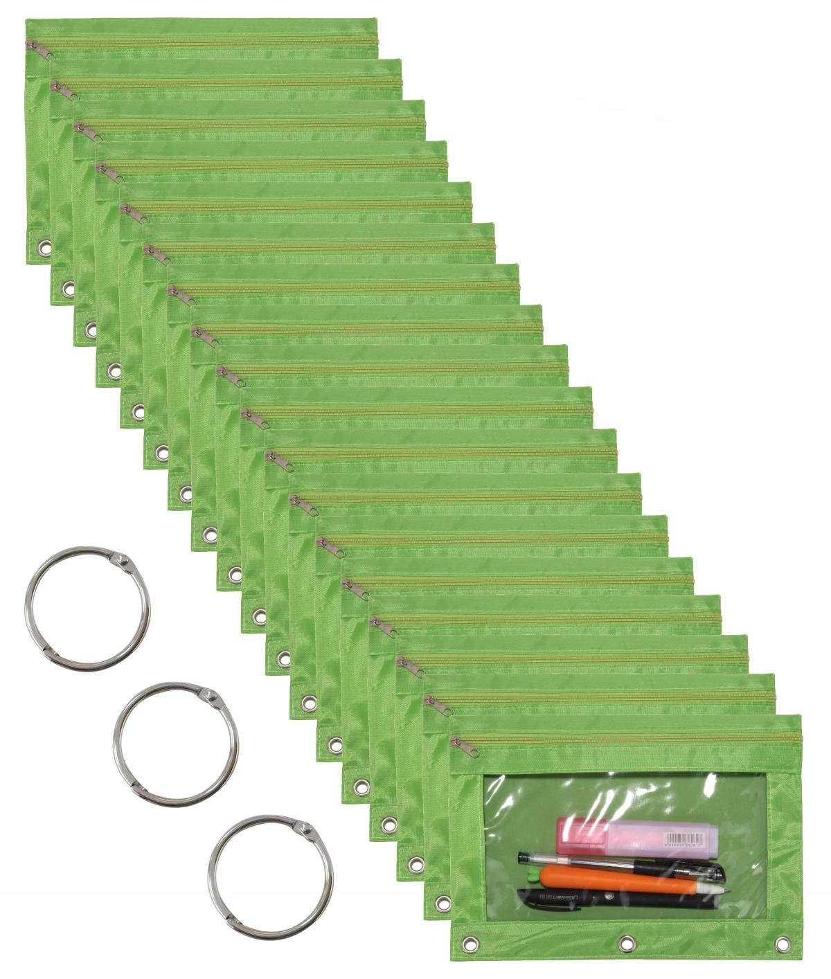 Wodison 18-Packs 3 Ring Pencil Pouch With Clear Window School Classroom Binder Pocket Case Office Stationery Bag Green