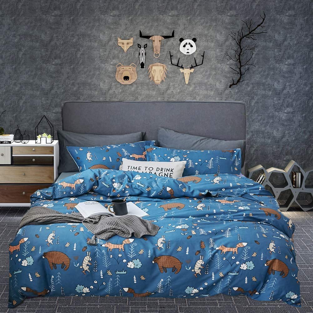 Houseri Blue Bear Comforter Sets Queen Boys Cartoon Bear Comforter Full Fox Rabbit Animal Bedding Sets Queen Teens Woodland Fore