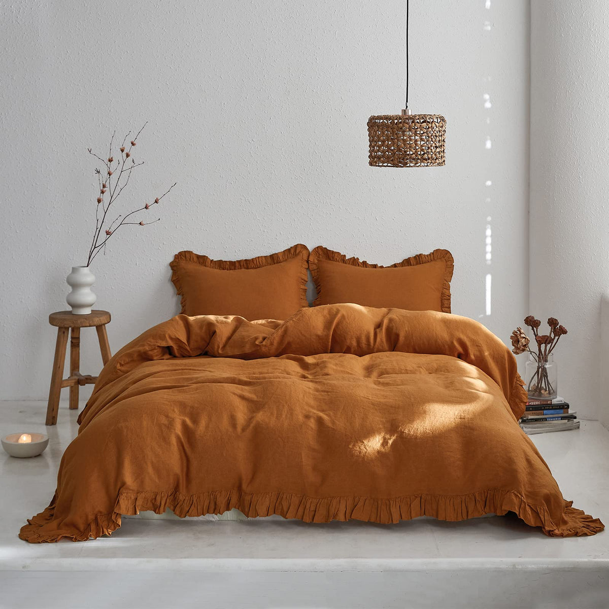 Simple&Opulence 100% Washed Linen Duvet Cover Set-3 Pieces Shabby Chic Premium Ruffled Bedding With 1 Comforter Cover And 2 Pill