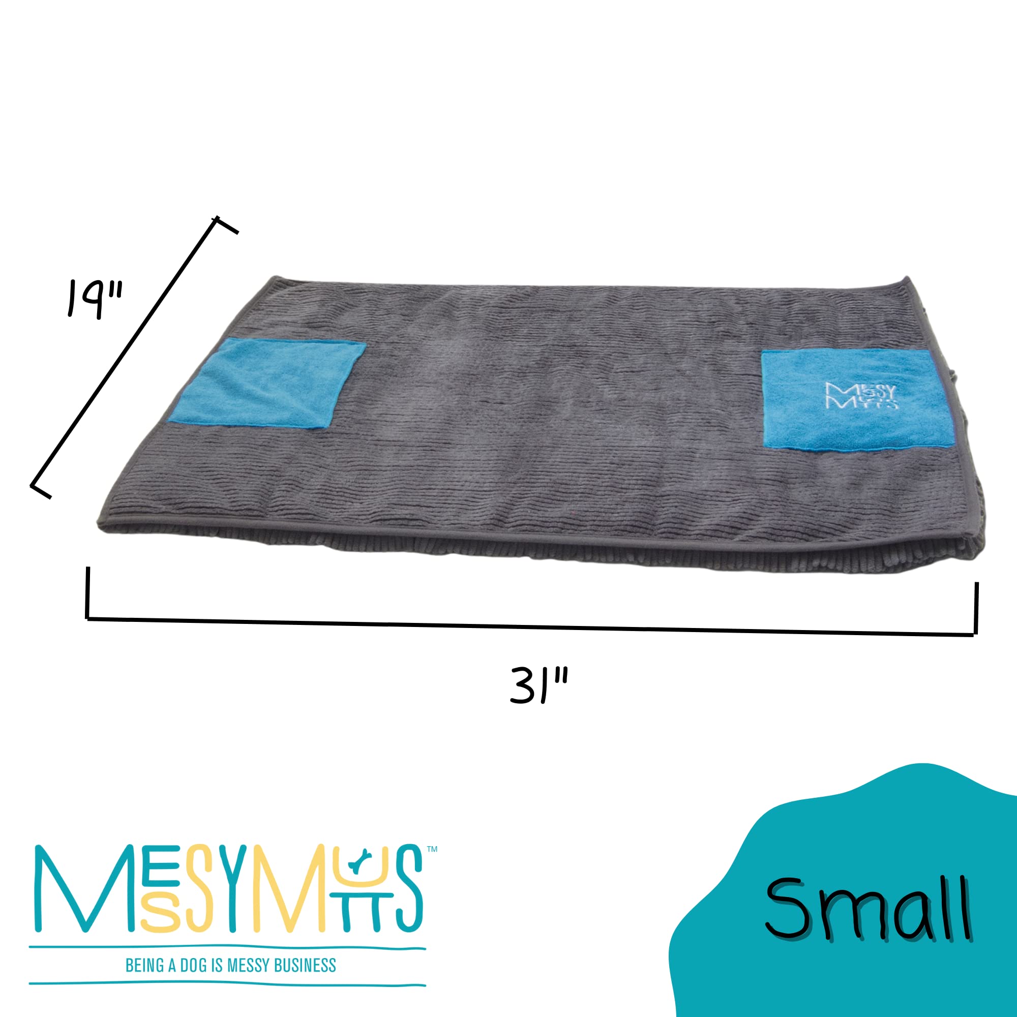 Messy Mutts Microfiber Mat & Drying Towel With Hand Pockets | Super Absorbent Dog Shammy | Soft, Durable Chenille Dog Towel | Sl