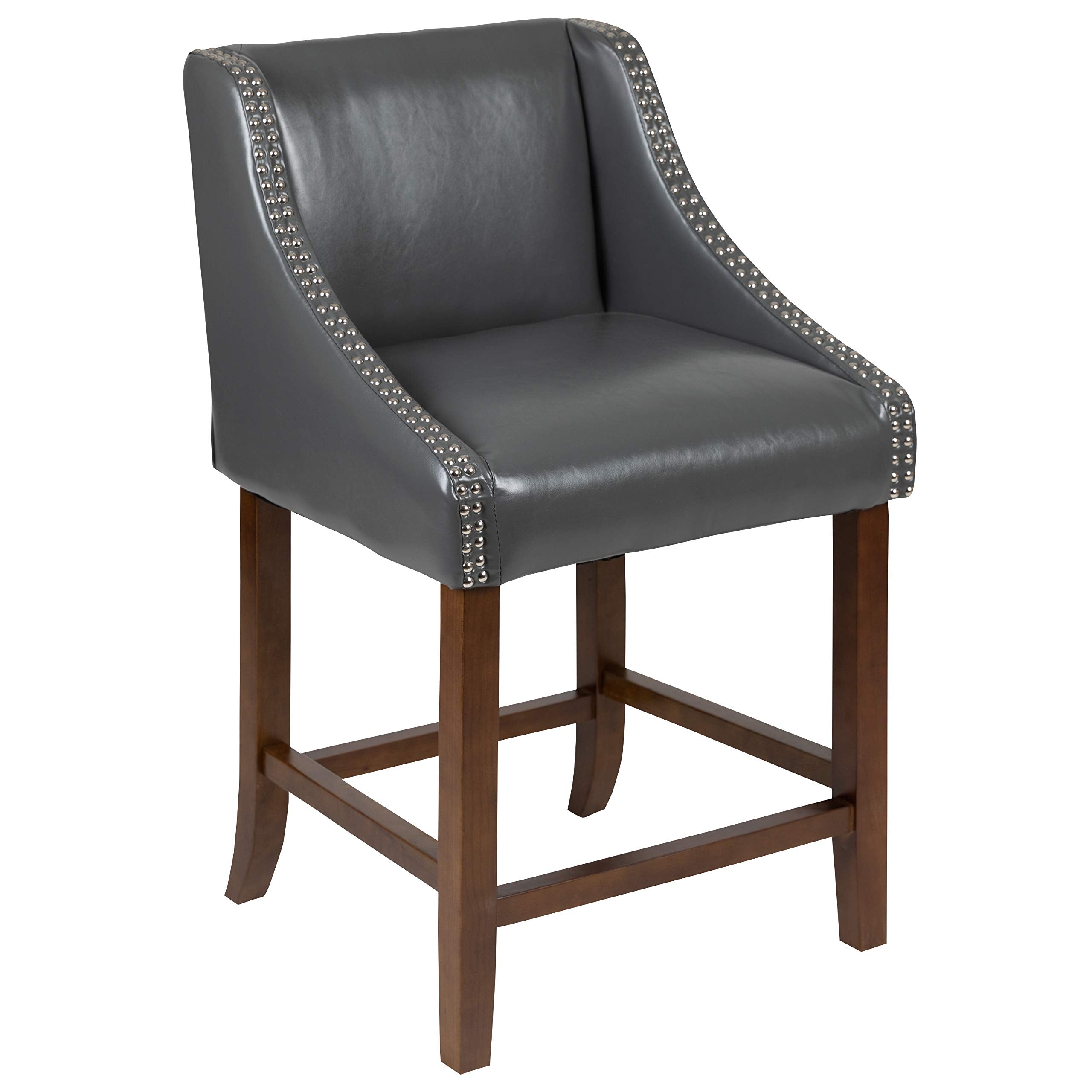 Flash Furniture Carmel Series 24&quot; High Transitional Walnut Counter Height Stool with Nail Trim in Dark Gray LeatherSoft, Set of 2