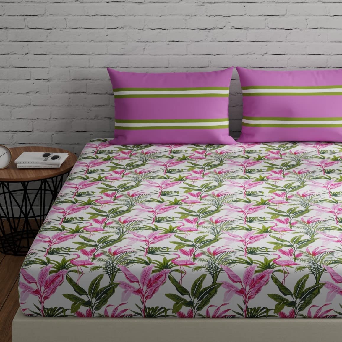 Huesland By Ahmedabad Cotton 144 Tc Bed Spread Queen Size Bed With 2 Pillow Covers | Flamingos & Stripes Pink & Green