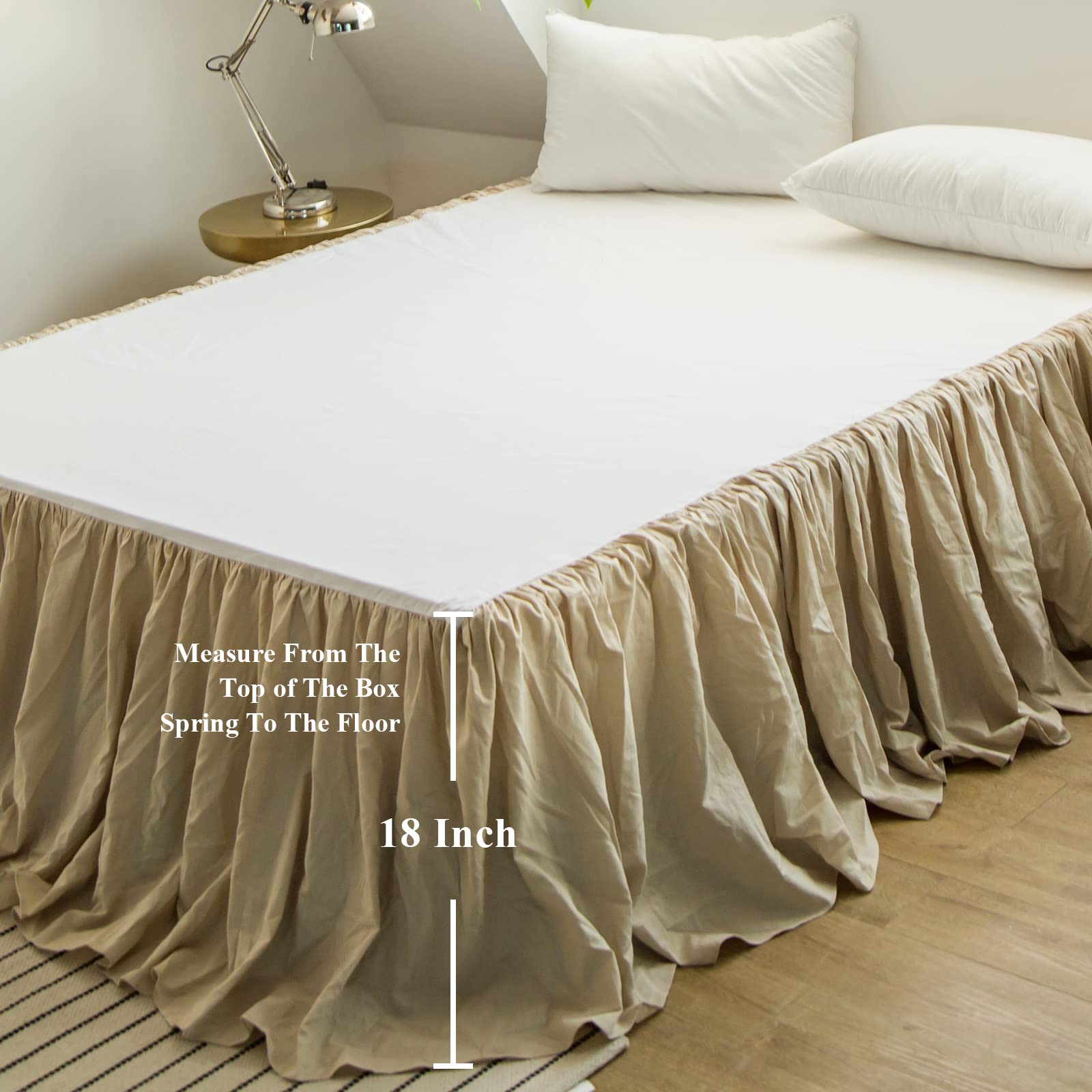 Biselina French Linen Bed Skirt With Pleated Frills 18-Inch Tailored Drop Natural Flax Cotton Blend Dust Ruffle Soft Cozy Farmho