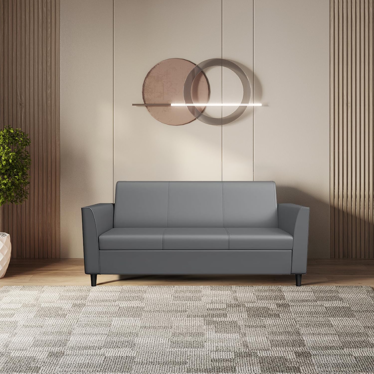 Godrej Interio Sofa Emperor 3 Seater Synthetic Leather Sofa For Living Room, 1Year Warranty, Solid Wood, Nimbus Grey