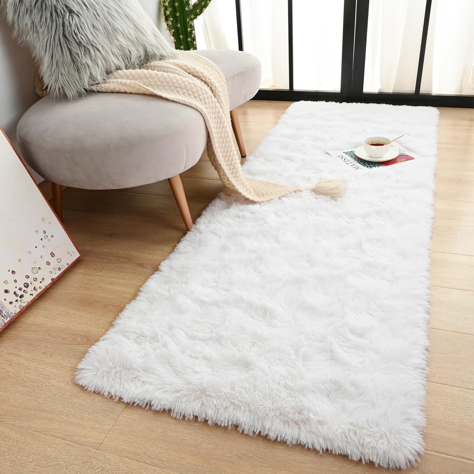 Terrug Fluffy Runner Rug for Bedroom Living Room, 2x6 White Area Rug Washable Shag Carpet, Super Soft Fuzzy Plush Non-Slip Cute 