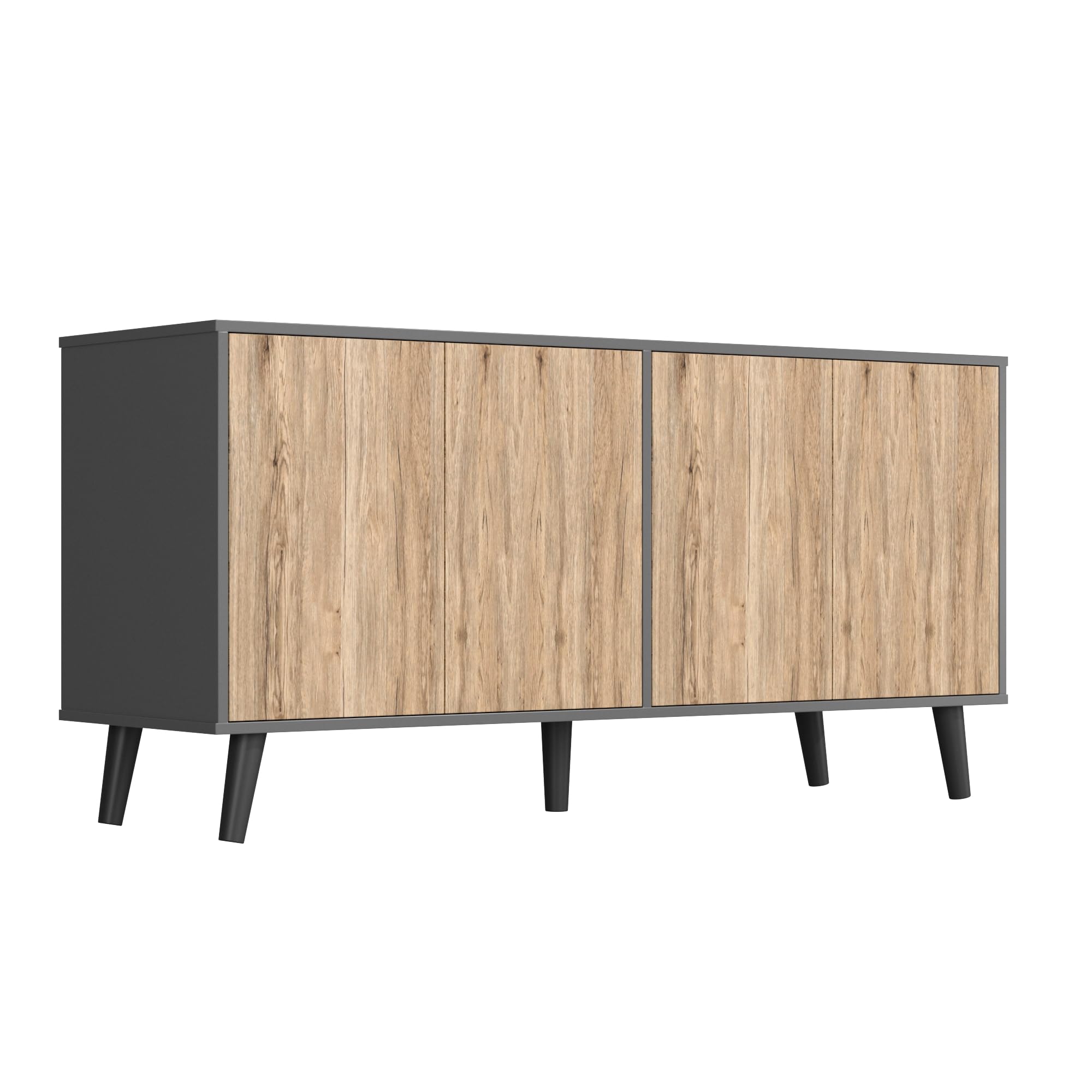 Sideboard Buffet Cabinet with Storage, 55&quot; Kitchen Storage Cabinets with 4 Doors and Shelves (Dark Gray & Natural)