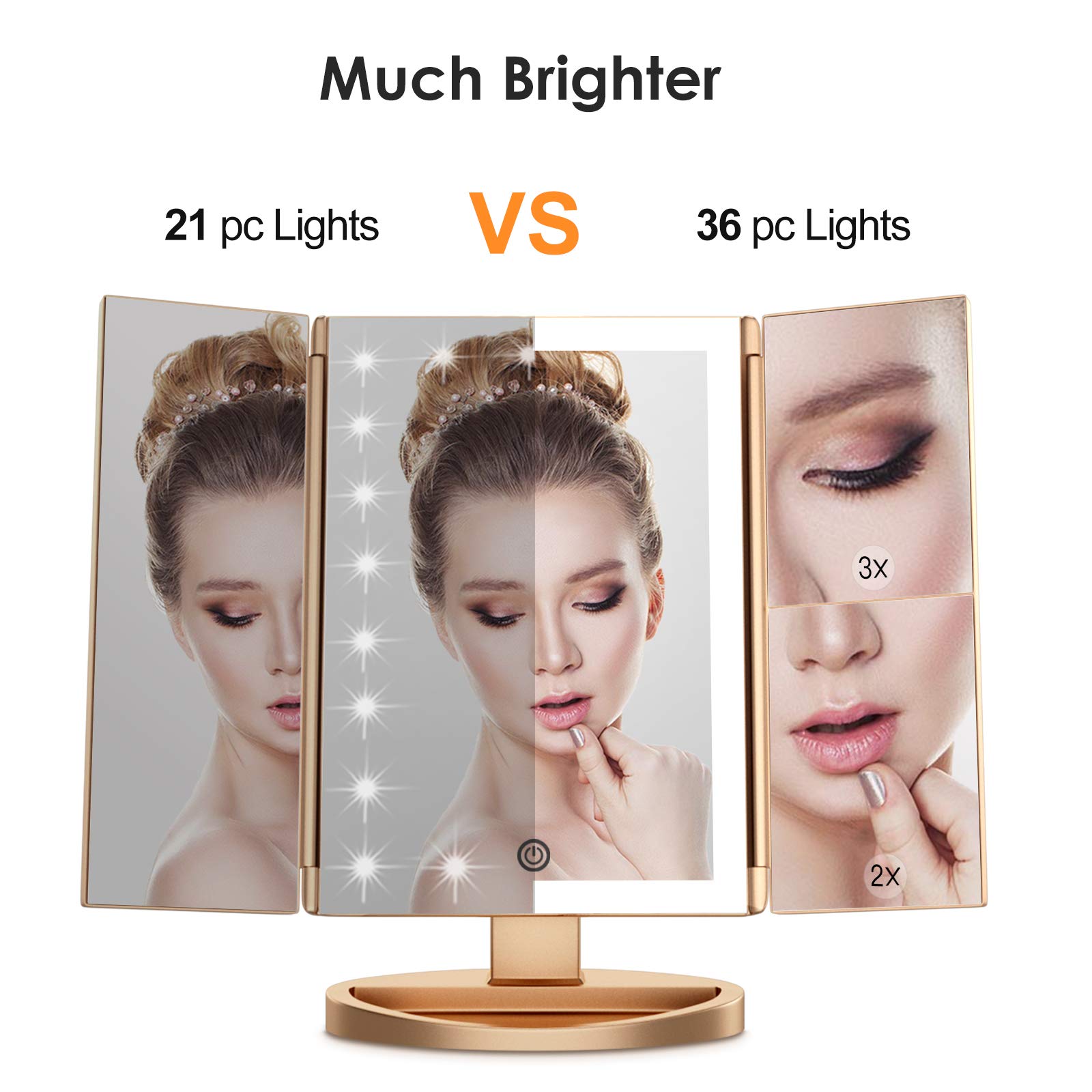 Weily Lighted Vanity Makeup Mirror 1X/2X/3X Magnification Trifold With 36 Led Lights Touch Screen And Usb Charging, 180 Degree Adjustable Stand For Countertop Cosmetic Makeup Mirror(Gold)