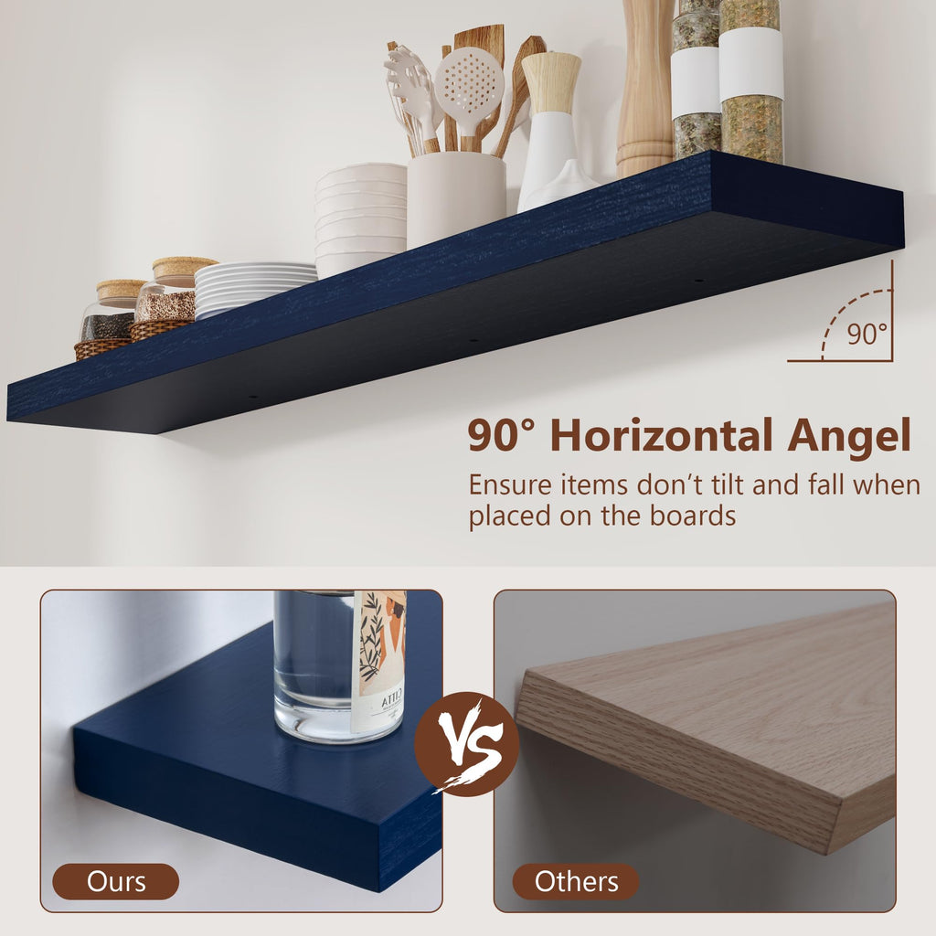 fuqing Dark Blue Floating Shelves 48 Inch, Solid Paulownia Wood Wall Shelves Set of 2, Rustic Decor & Storage for Living Room Bedroom Bathroom