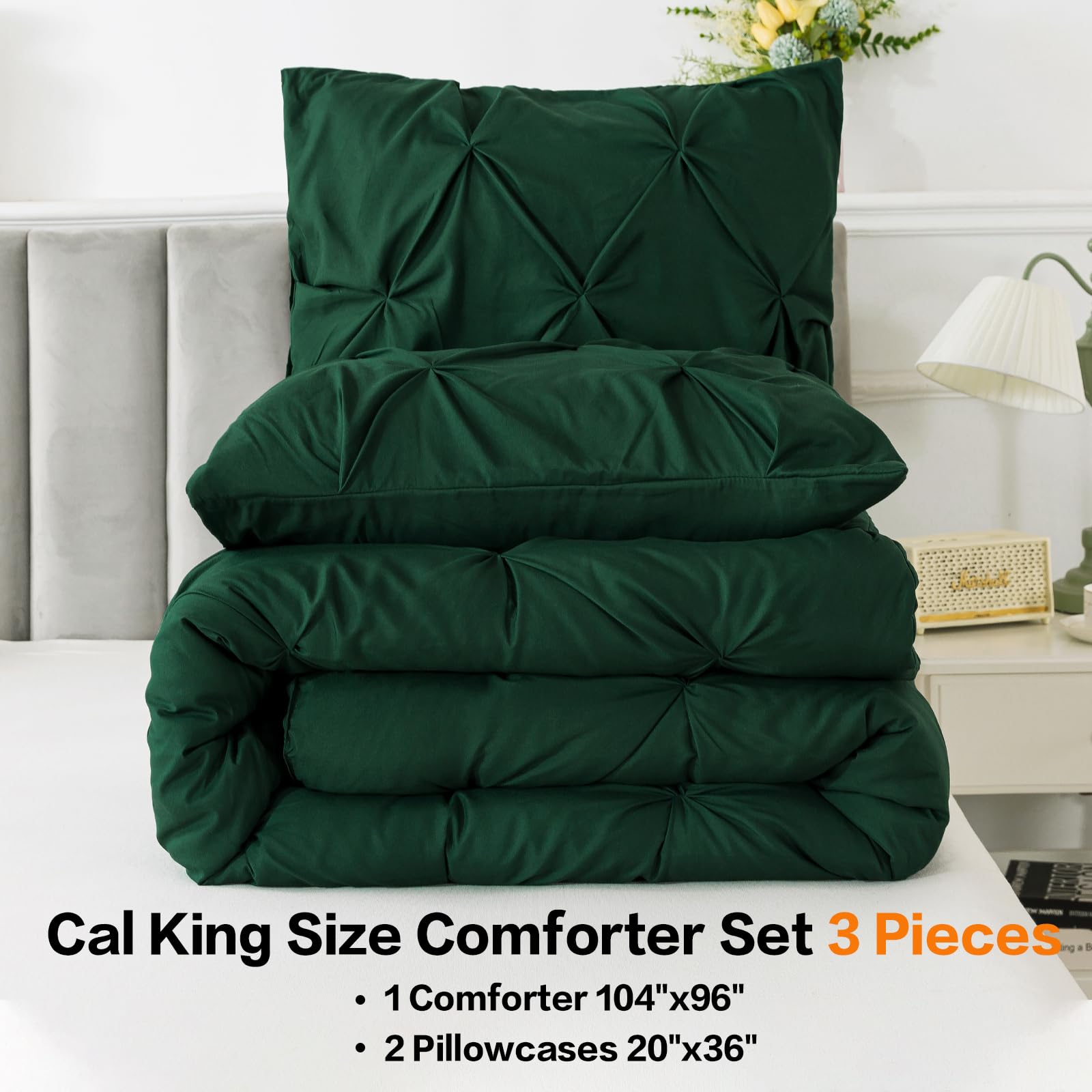 Andency California King Comforter Set Dark Green (104X96Inch), Pinch Pleat Cal King Comforter Set 3 Pieces, Oversized King Pintuck Bed Comforter, Microfiber Down Alternative Comforter Bedding Set