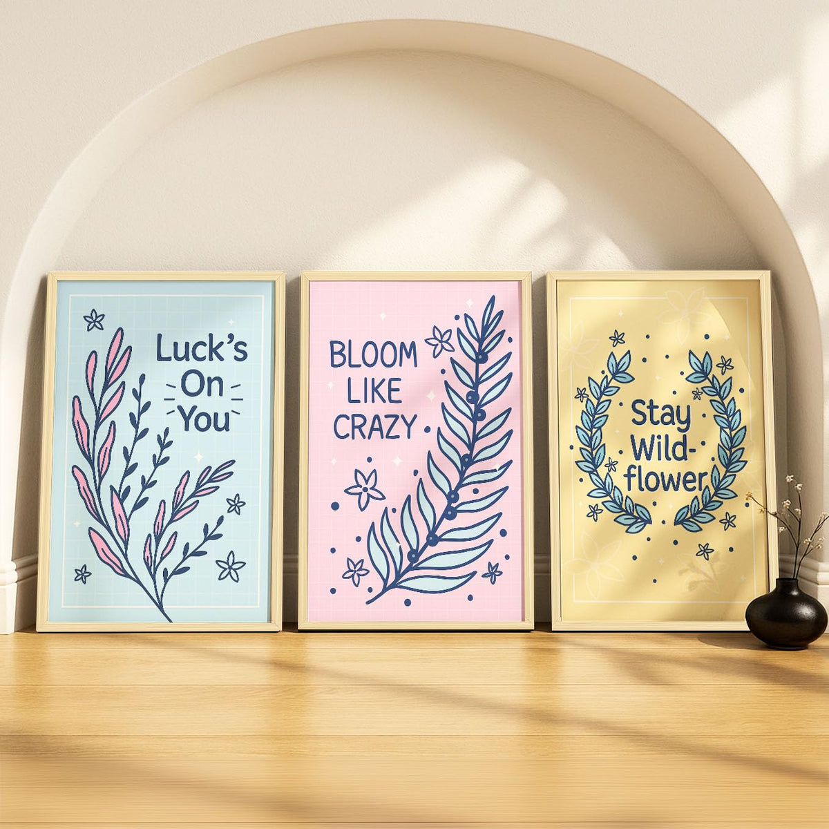 SoulAbiti Wildflower Luck Mantras set of 3 Framed Wall Print 12x18 inch Light Brown Frame PlexiGlass Positive Affirmation Art r