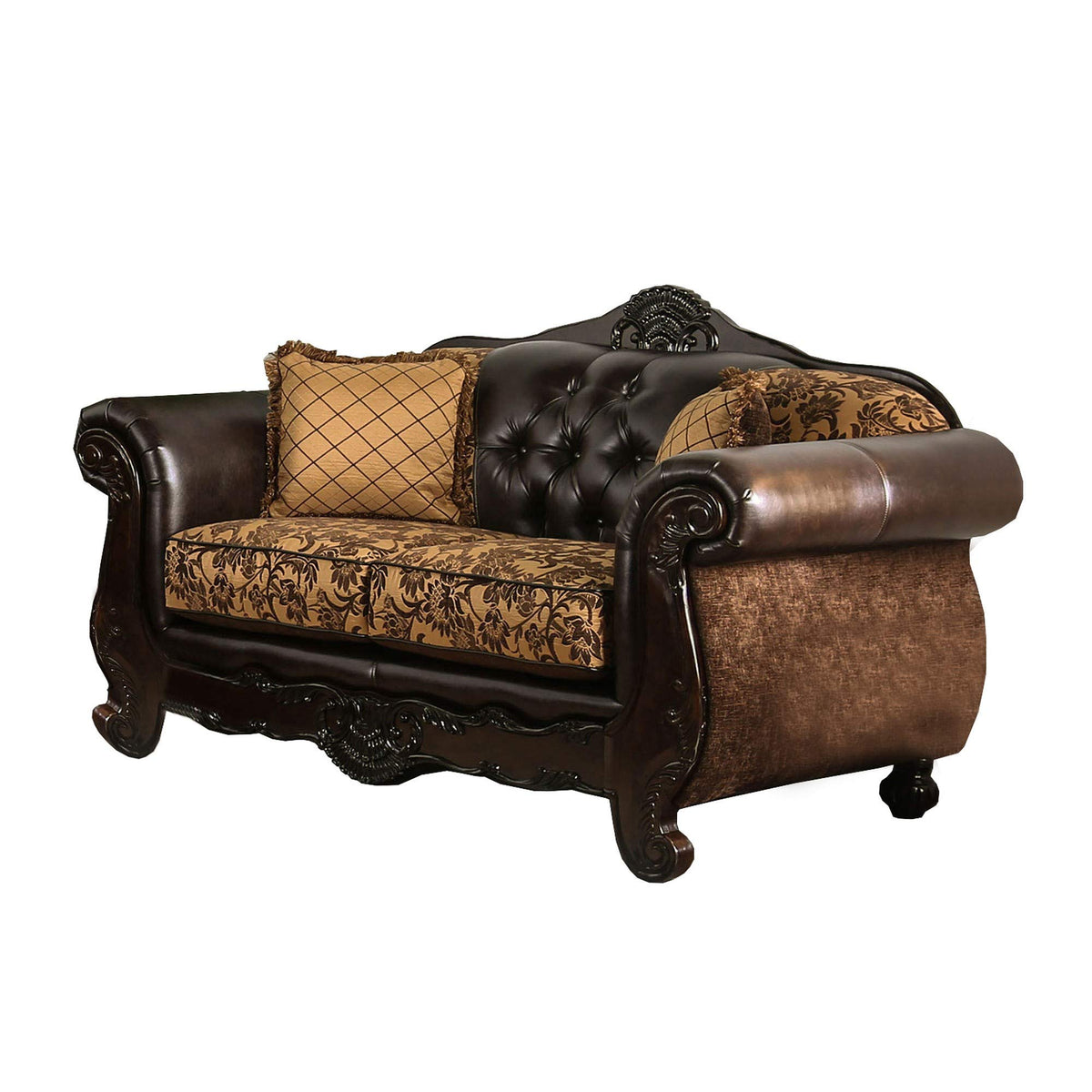 Benjara Traditional Wooden Loveseat With Button Tufted Backrest, Brown And Beige