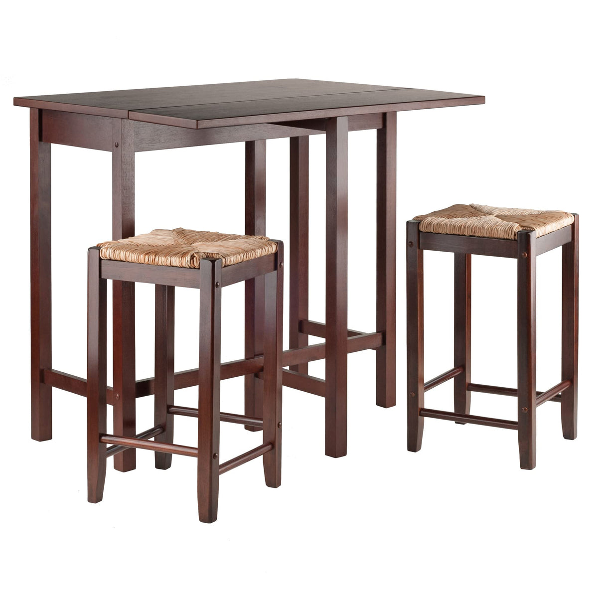 Winsome Lynwood 3-Pc Drop Leaf Table with Rush Seat Counter Stools - Walnut