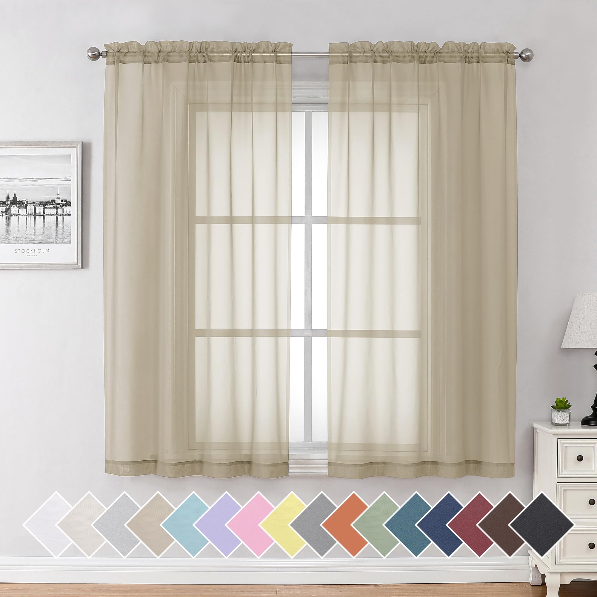 Aiyufeng Taupe Sheer Curtains 63 Inches Long 2 Panels Set, Semi Transparent Voile Rod Pocket Sheer Window Drapes For Bedroom Bed