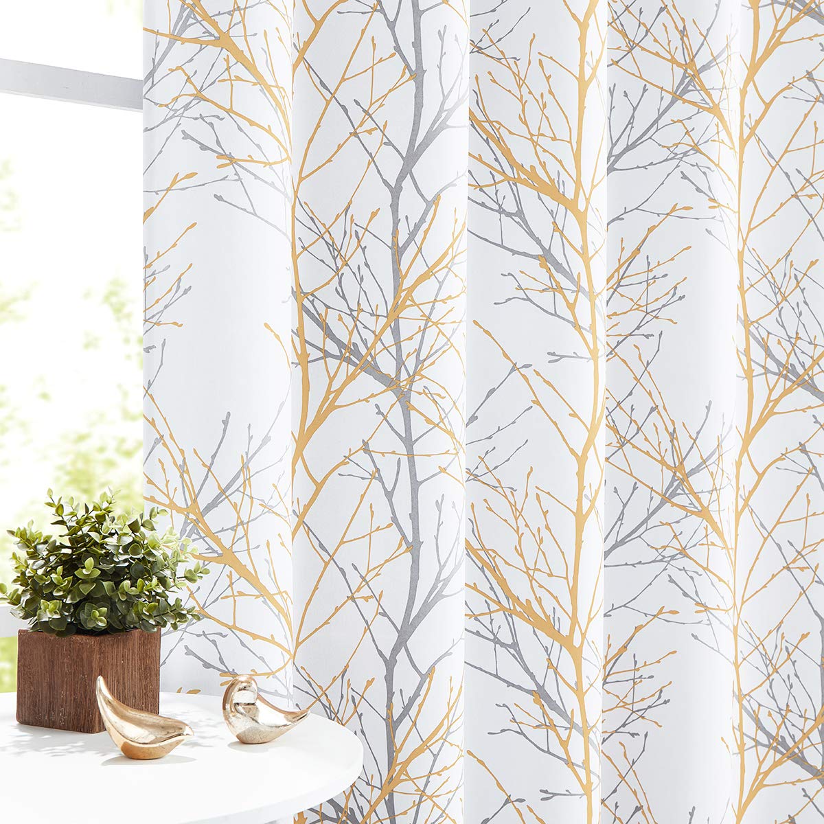Yellow Grey Blackout Curtains For Living Room 63Inch Long Short Tree Branch Print Yellow White Curtains Thermal Insulated Full L