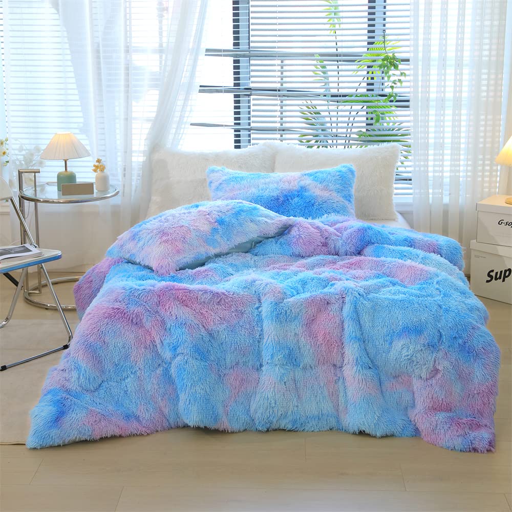 chovy Faux Fur Plush Tie-Dyed Blue Comforter Sets Twin/Full Size - Ultra Soft Shaggy Flannel Velvet Fluffy Fuzzy 3PC Bedding Set