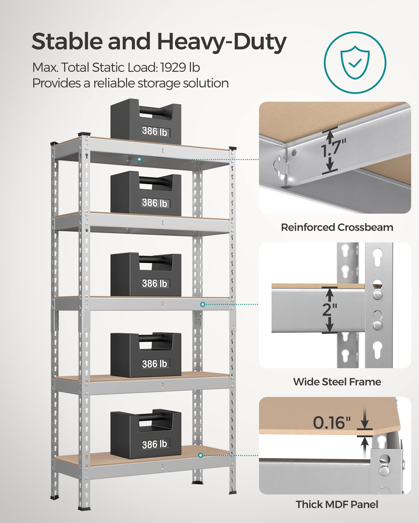 Songmics 5-Tier Storage Shelves, Set Of 2 Garage Storage, Boltless Assembly, Adjustable Shelving Units, 11.8 X 29.5 X 59.1 Inches, Load 1929 Lb Each, Shed Warehouse Basement, Silver Uglr300E02
