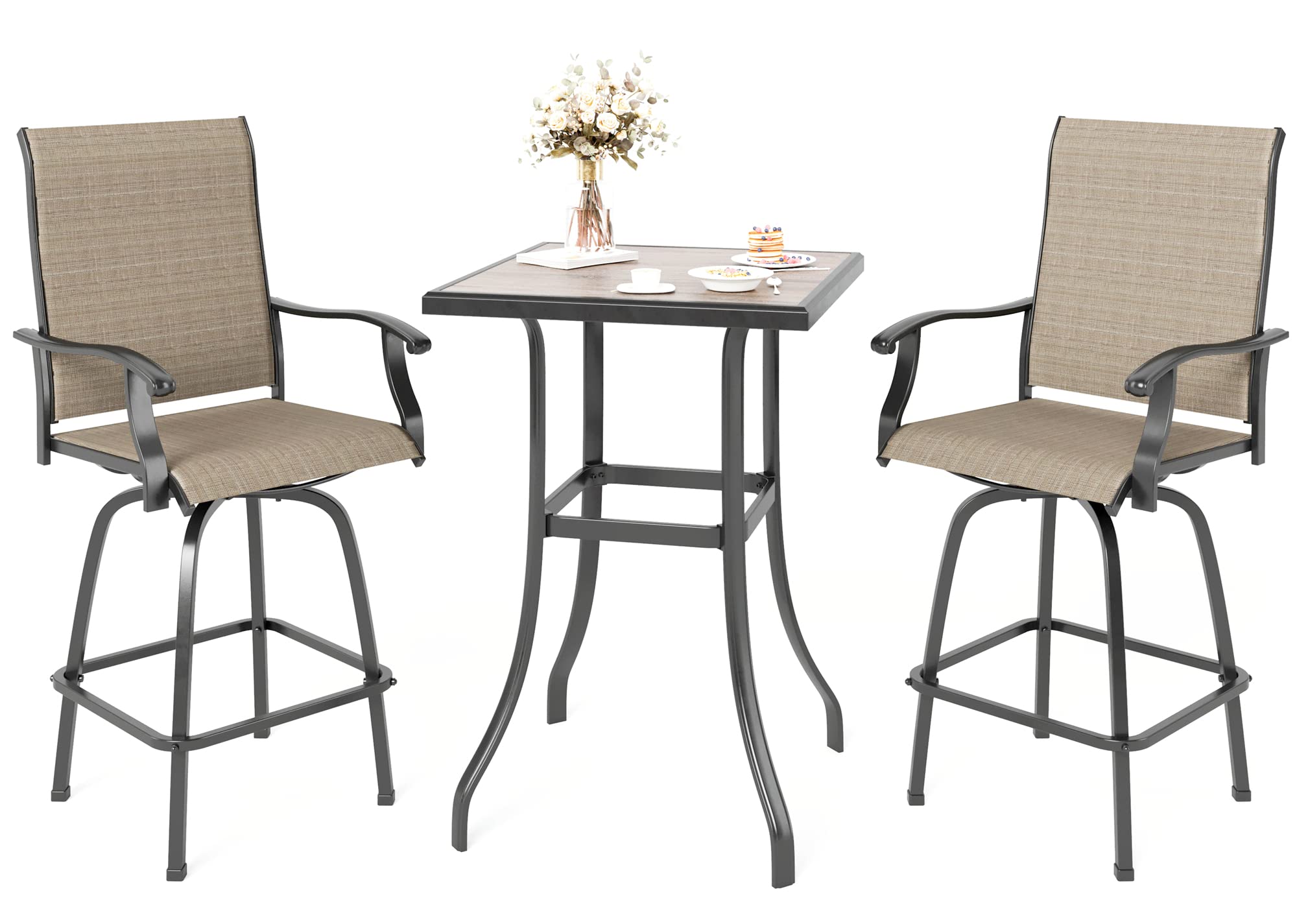 Mfstudio 3 Pcs Patio Bar Set With 2 Swivel Bar Stools (Breathable Sling Fabric) And 1 Table, Bar Height Bistro Set For 2