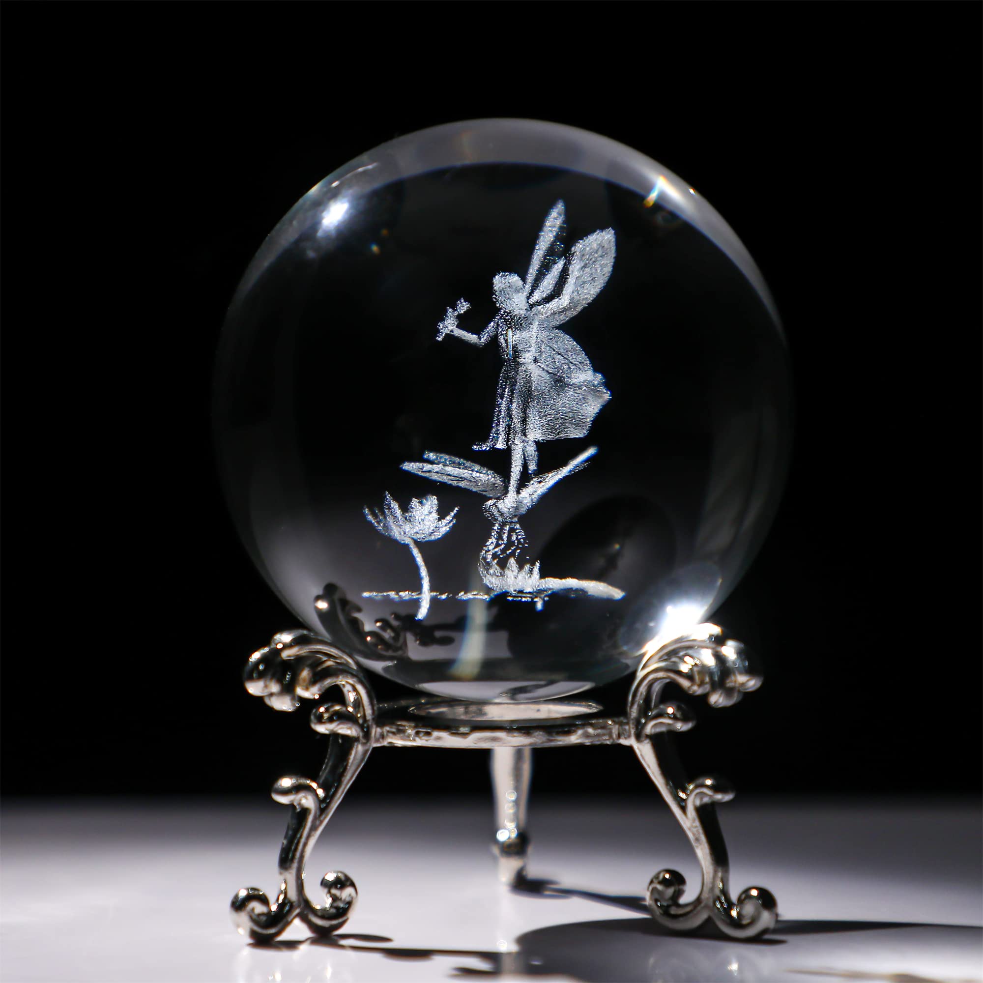 HDCRYSTALGIFTS 2.3in 3D Laser Crystal Fairy with Dragonfly and Lotus Figurines Crystal Ball Paperweight with Stand Base - 3D Eng