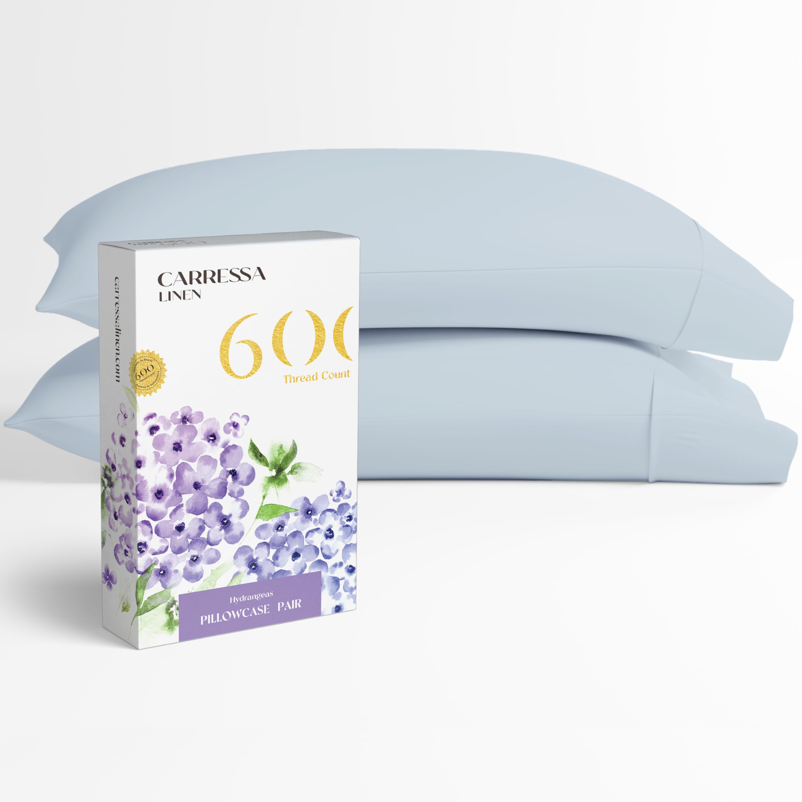 Carressa Linen 100% Egyptian Cotton Pillow Cases Set Of 2-600 Thread Count Light Blue Standard/Queen Pillowcase For Sleeping, So