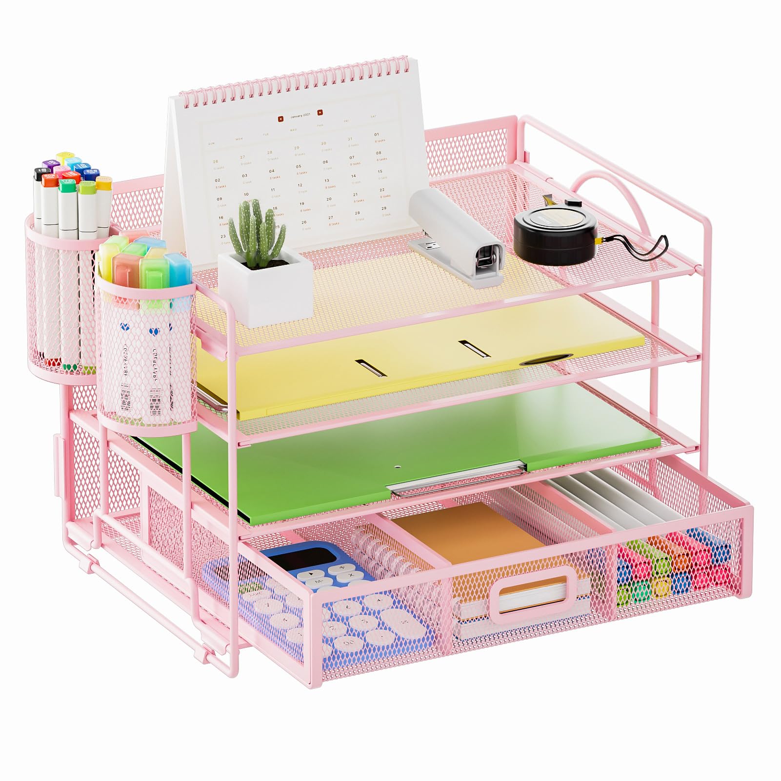 Marbrasse 4-Tier Paper File Letter Tray Desk Organizer With Drawer And 2 Pen Holders For School Home Office Supplies (Pink)