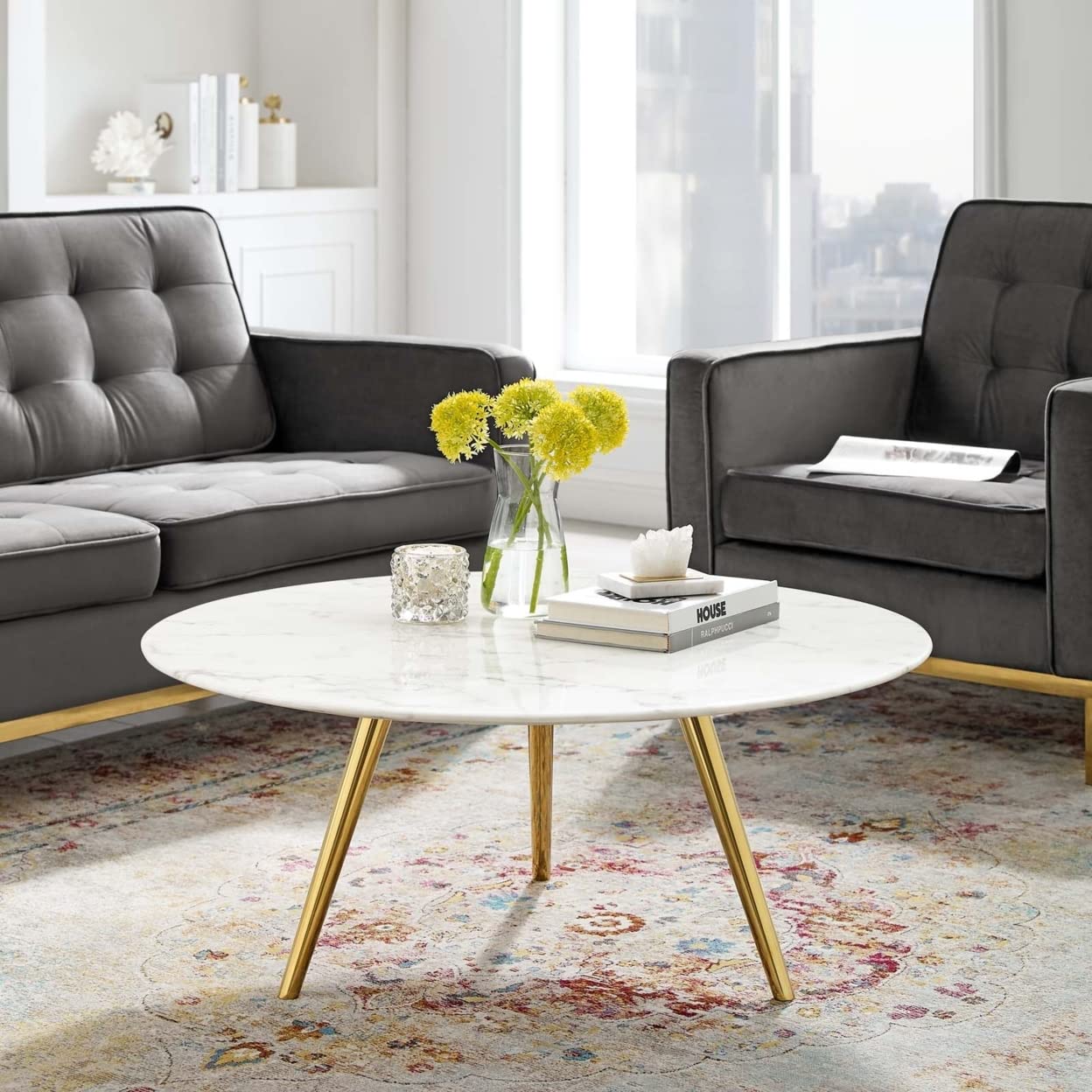 Modway Lippa 36&quot; Round Artificial Marble Coffee Table With Tripod Top, Gold Base