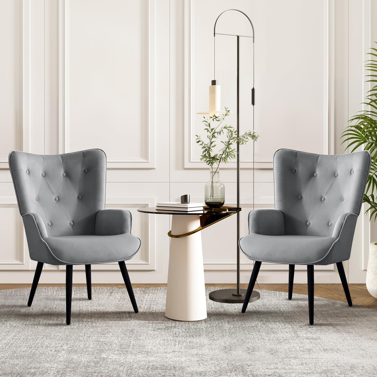 Furnimart Accent Chairs Set of 2, Grey Velvet Chair Reading Chair Armchair with High Backrest, Wingback Corner Chair Mid Century