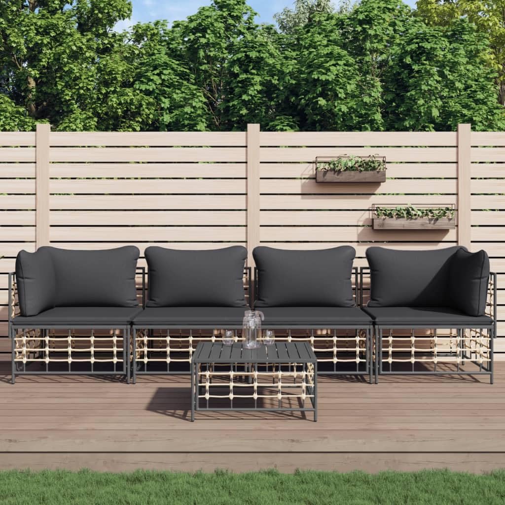 vidaXL 5-Piece Anthracite Patio Lounge Set with Poly Rattan Construction, Modular Sofas, and Dark Grey Cushions - Ideal for Garden, Outdoor, and Terrace