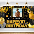 Custom Happy 97th Birthday Decoration Banner - Personalization Available - Black and Gold - Large Size - Supports Custom Photos 