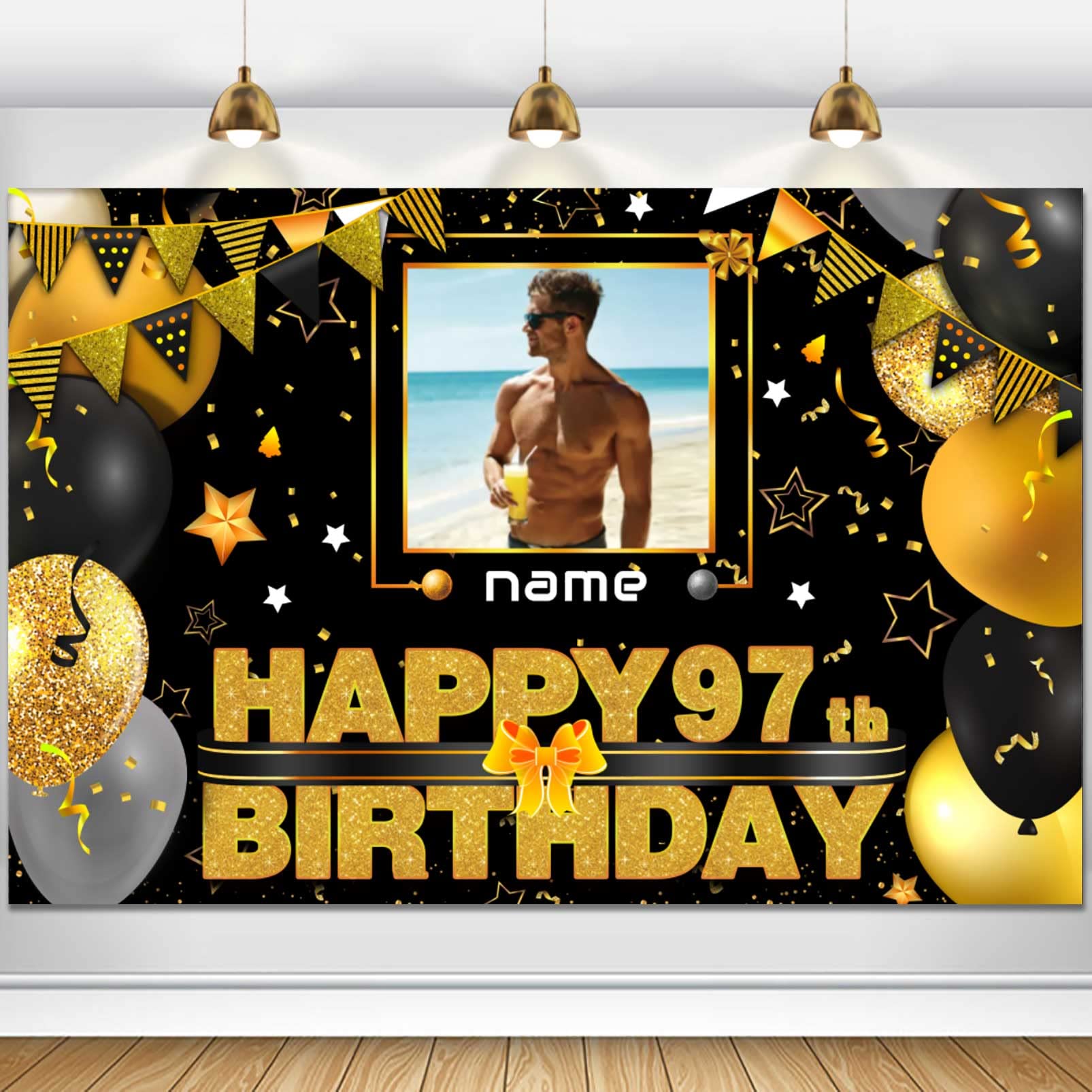 Custom Happy 97th Birthday Decoration Banner - Personalization Available - Black and Gold - Large Size - Supports Custom Photos 