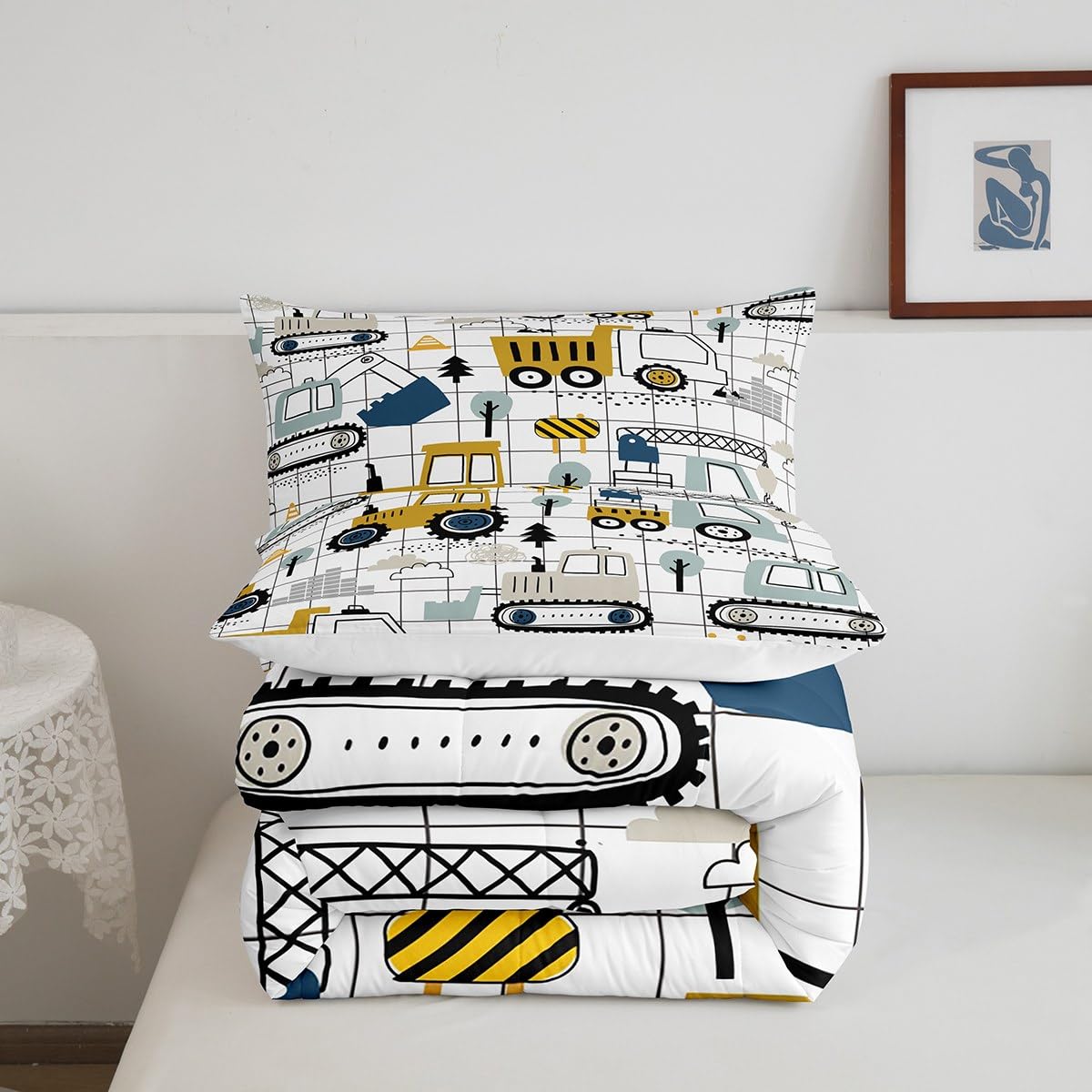 Feelyou Construction Comforter Set Queen Size Kids Excavator Tractor Toddler Comforter Cartoon Car Equipment Trucks Plaid Grid C