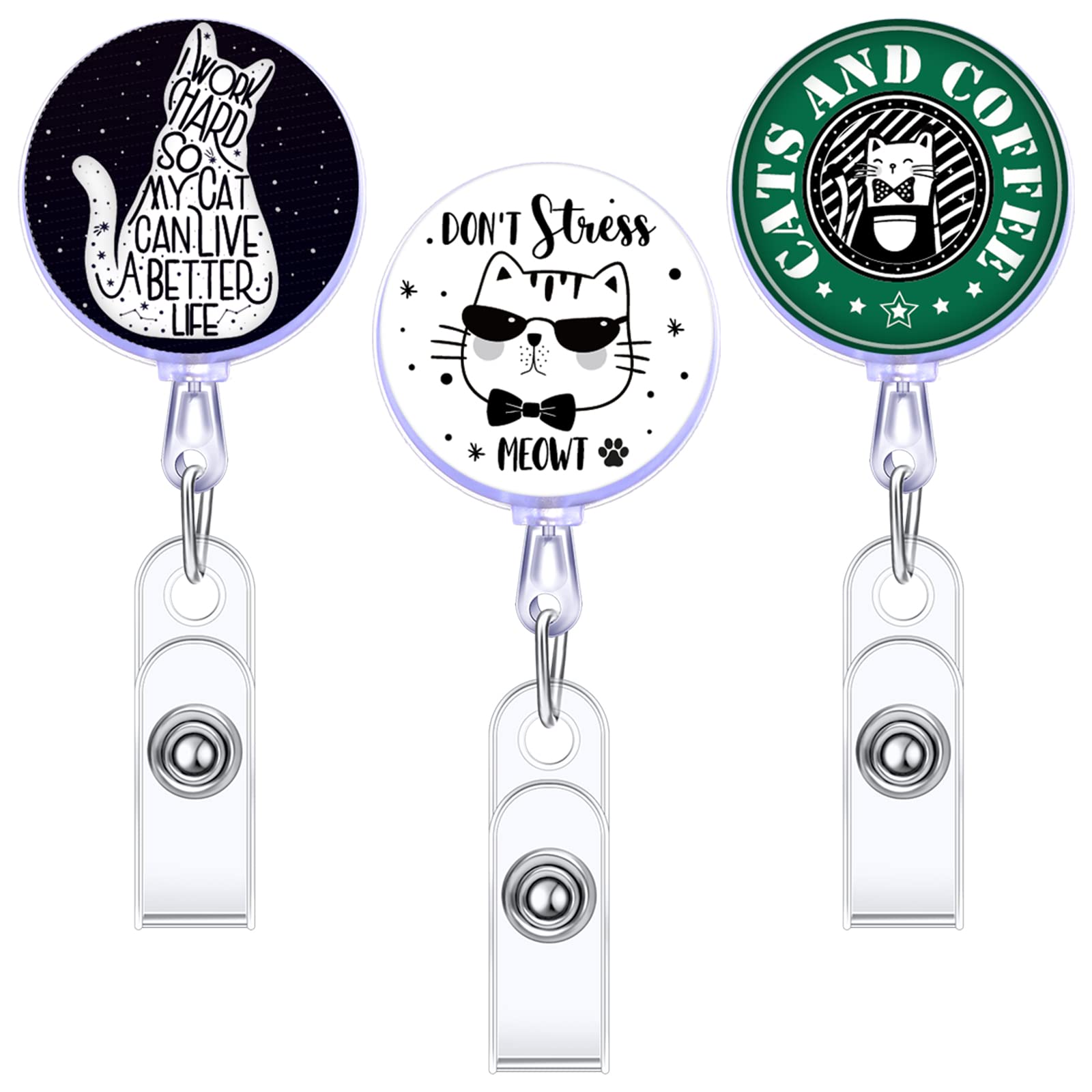 3 Pieces Funny Cat Retractable Id Badge Reel Cats And Coffee Nurse Id Badge Reel Retractable Badge Holder For Nurses Doctor Teac