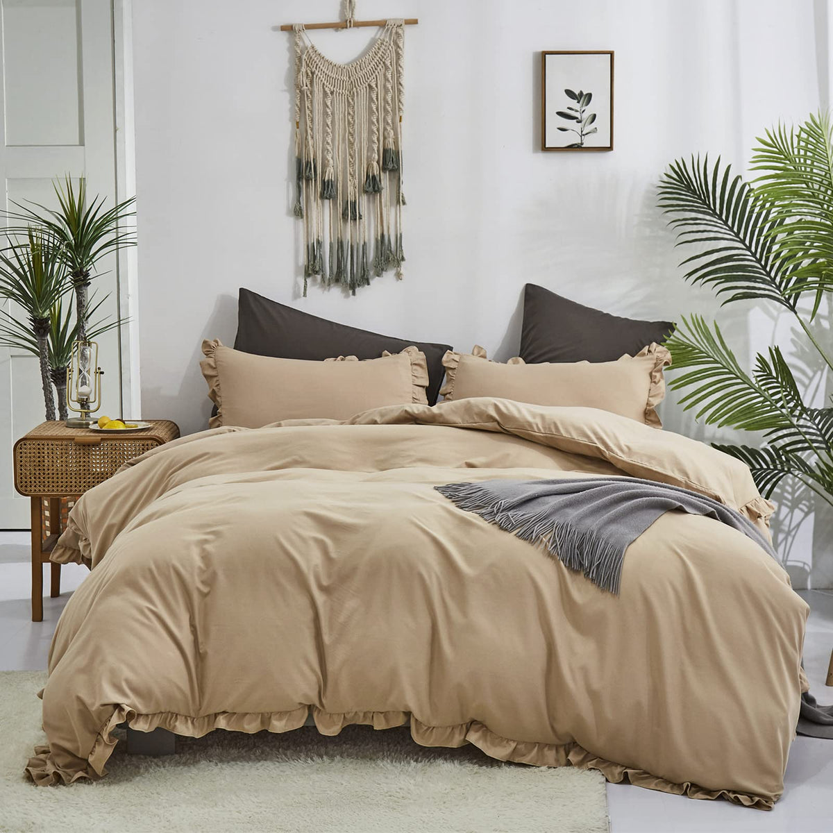 Luxlovery Champagne Ruffle Comforter Set Twin Light Khaki Bedding Comforter Farmhouse Shabby Beige Friange Quilts Blanket Soft B