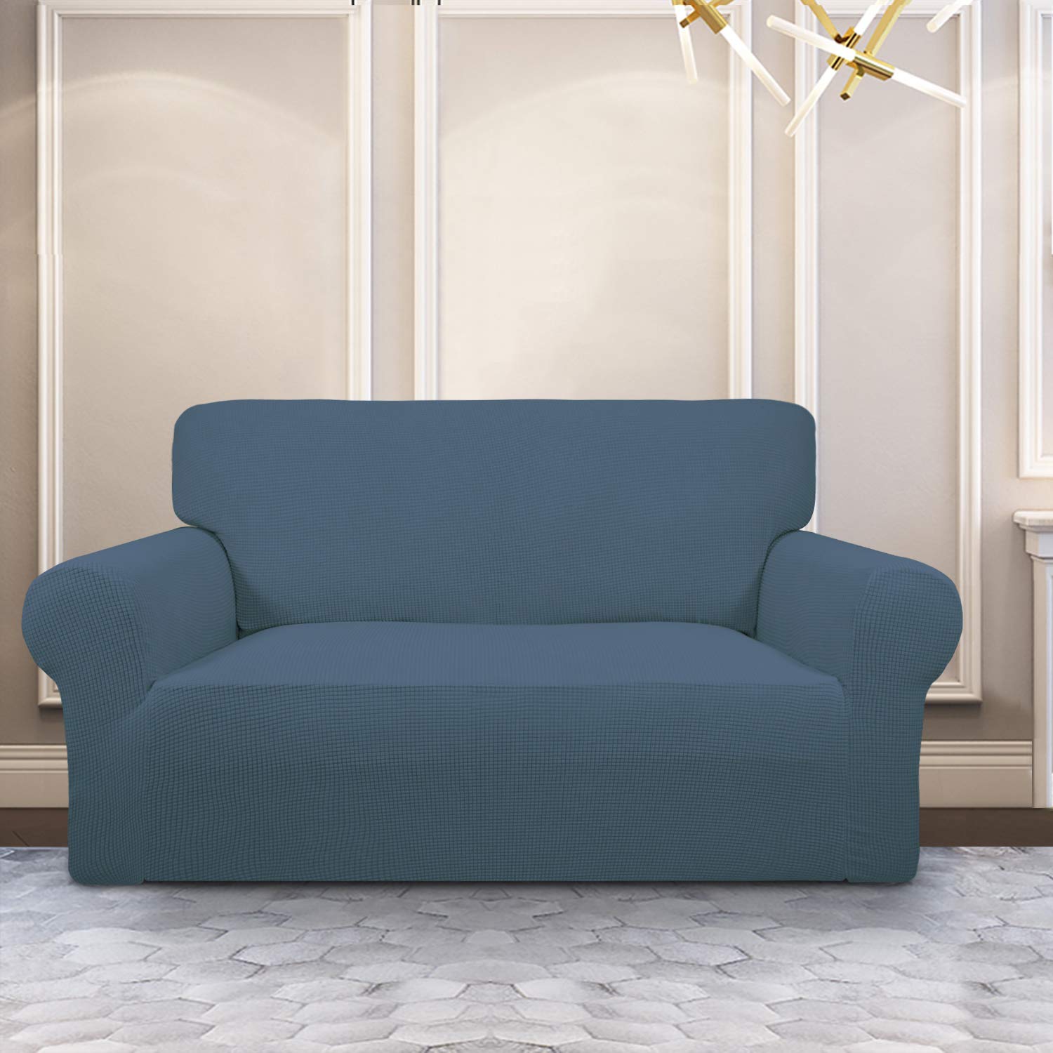 Purefit Stretch Loveseat Sofa Slipcover – Spandex Jacquard Non Slip Soft Couch Sofa Cover, Washable Furniture Protector With Non Skid Foam And Elastic Bottom For Kids (Loveseat, Bluestone)