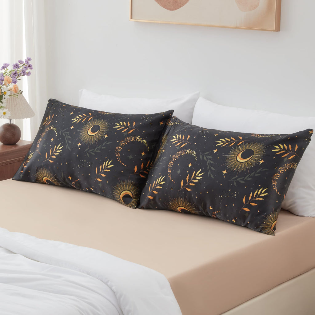 Exq Home Satin Pillowcase For Hair And Skin Queen - Printed Black Moon Silk Pillowcase 2 Pack 20X30 Inches - Satin Pillow Cases