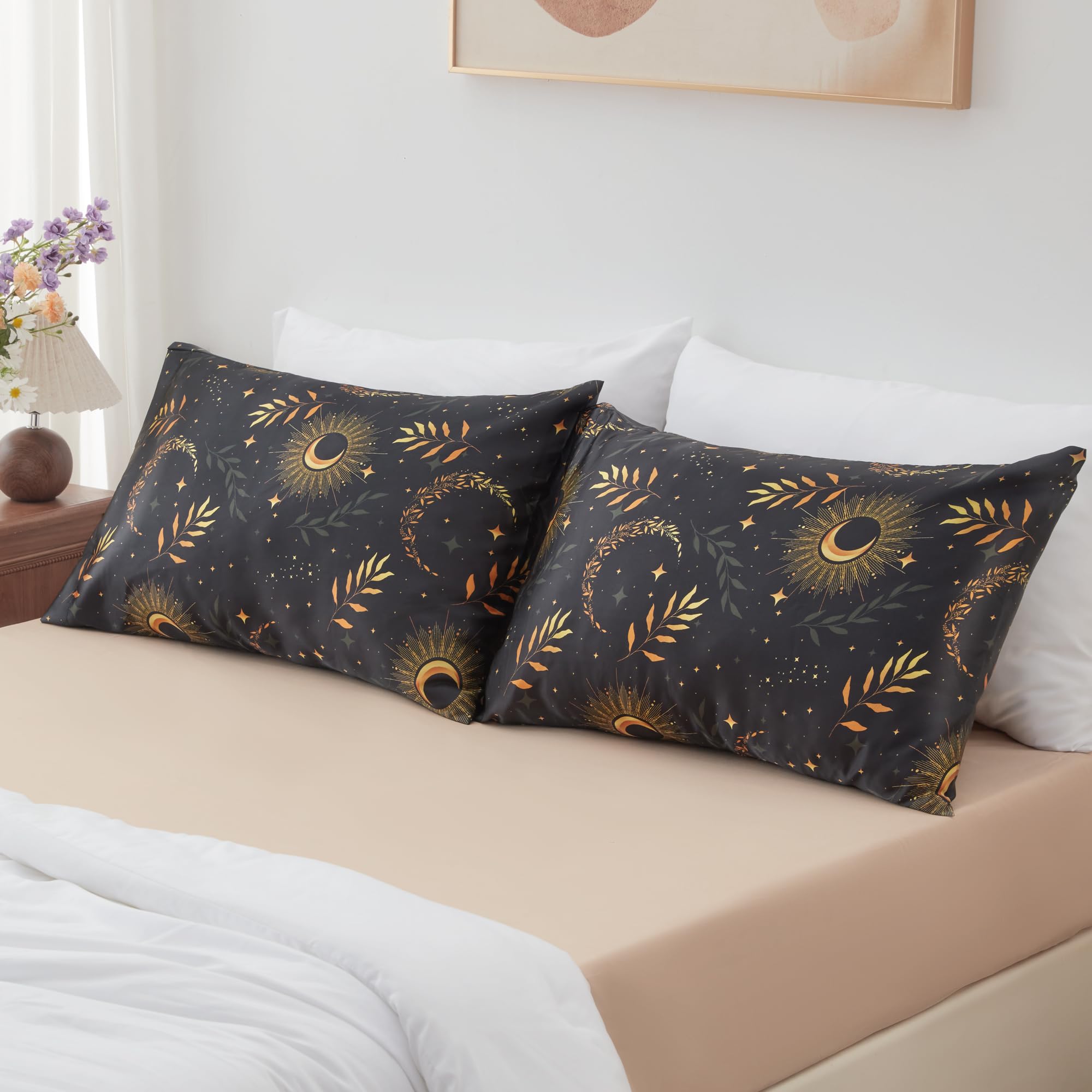 Exq Home Satin Pillowcase For Hair And Skin Queen - Printed Black Moon Silk Pillowcase 2 Pack 20X30 Inches - Satin Pillow Cases
