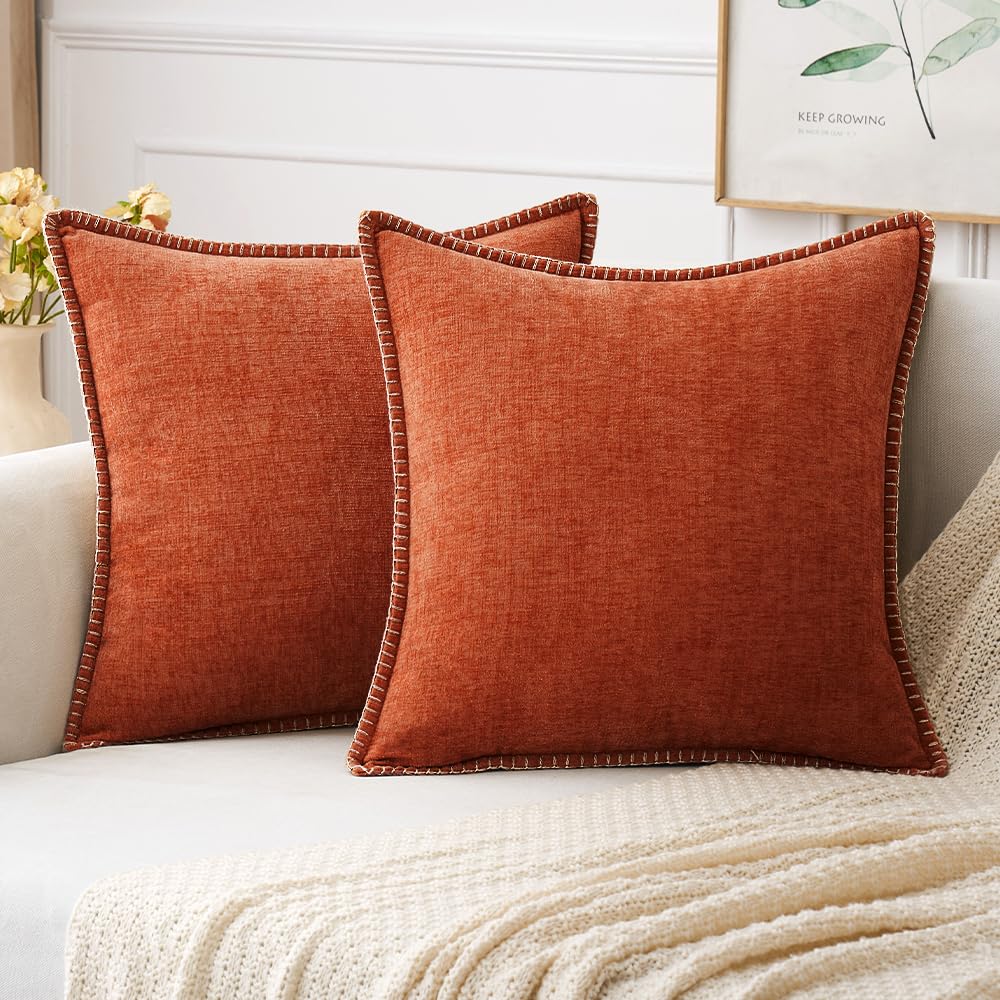 Miulee Pack Of 2 Couch Throw Pillow Covers 20X20 Inch Rust Farmhouse Decorative Pillow Covers With Stitched Edge Soft Chenille Solid Dyed Fall Pillow Covers For Sofa Bed Living Room