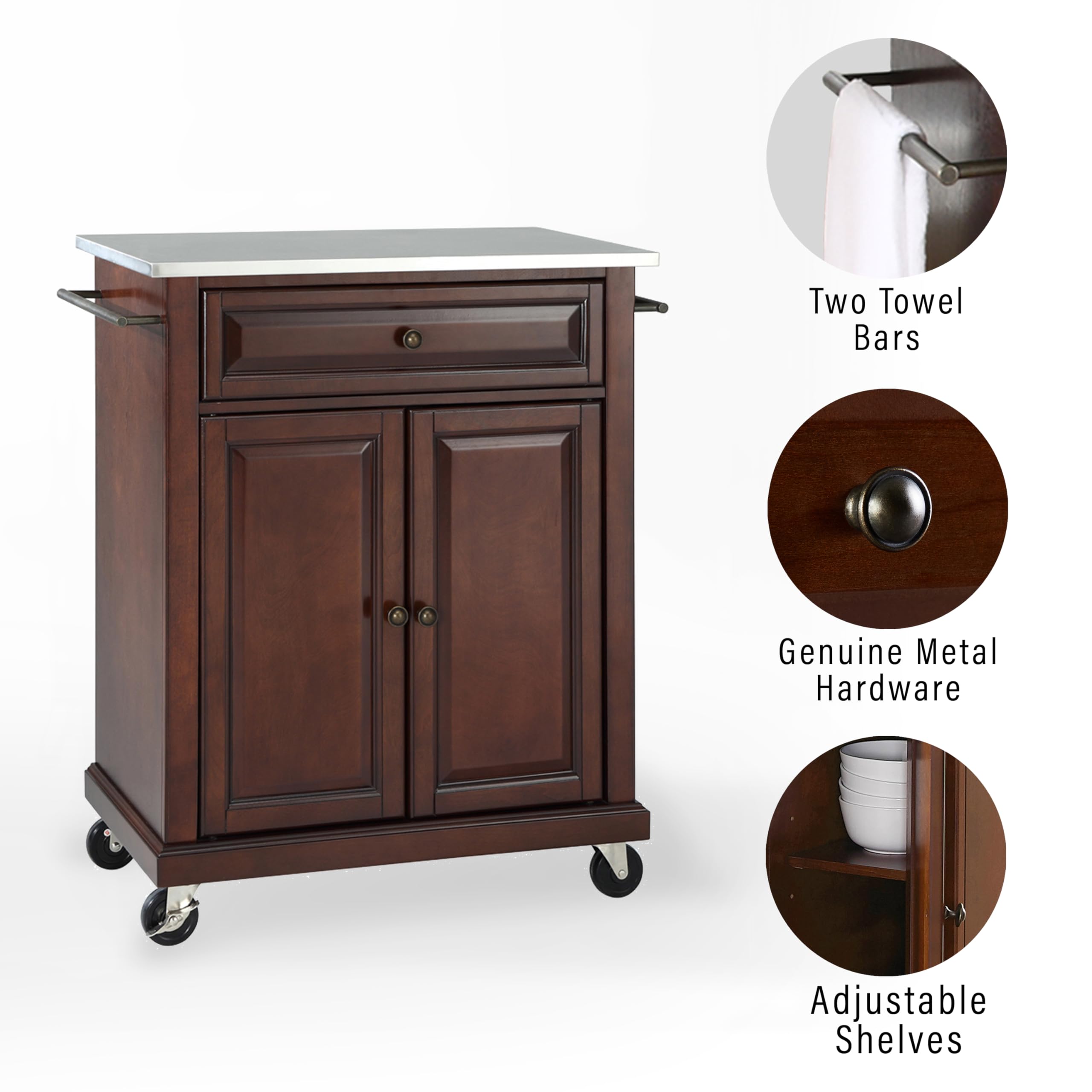 Crosley Furniture Compact Stainless Steel Top Rolling Cart with Shelves, Microwave Stand with Towel Rack, Mahogany