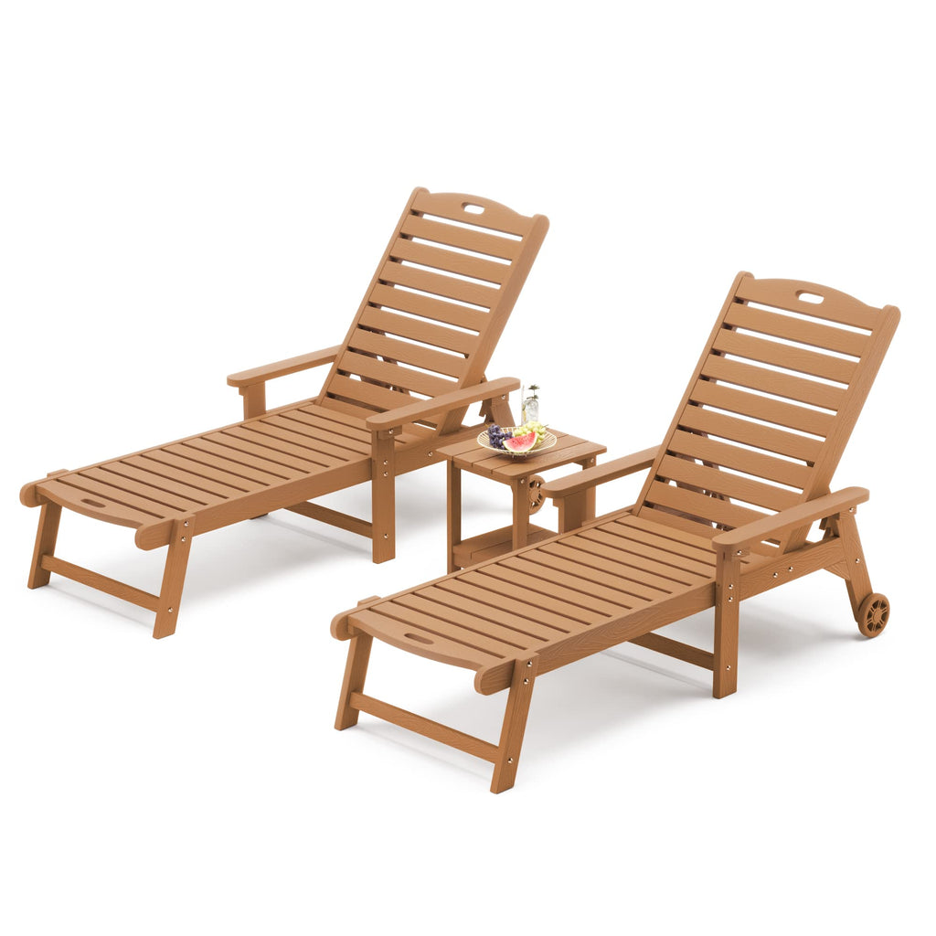 Lue Bona Chaise Lounge Chairs Set With Table, 3-Piece, 79'' Oversized Hdps Chaise Lounger, 5 Positions Adjustable Lounge Chairs, Pool Lounge Chair With Wheels For Poolside, 3 Year Warranty, Teak Color