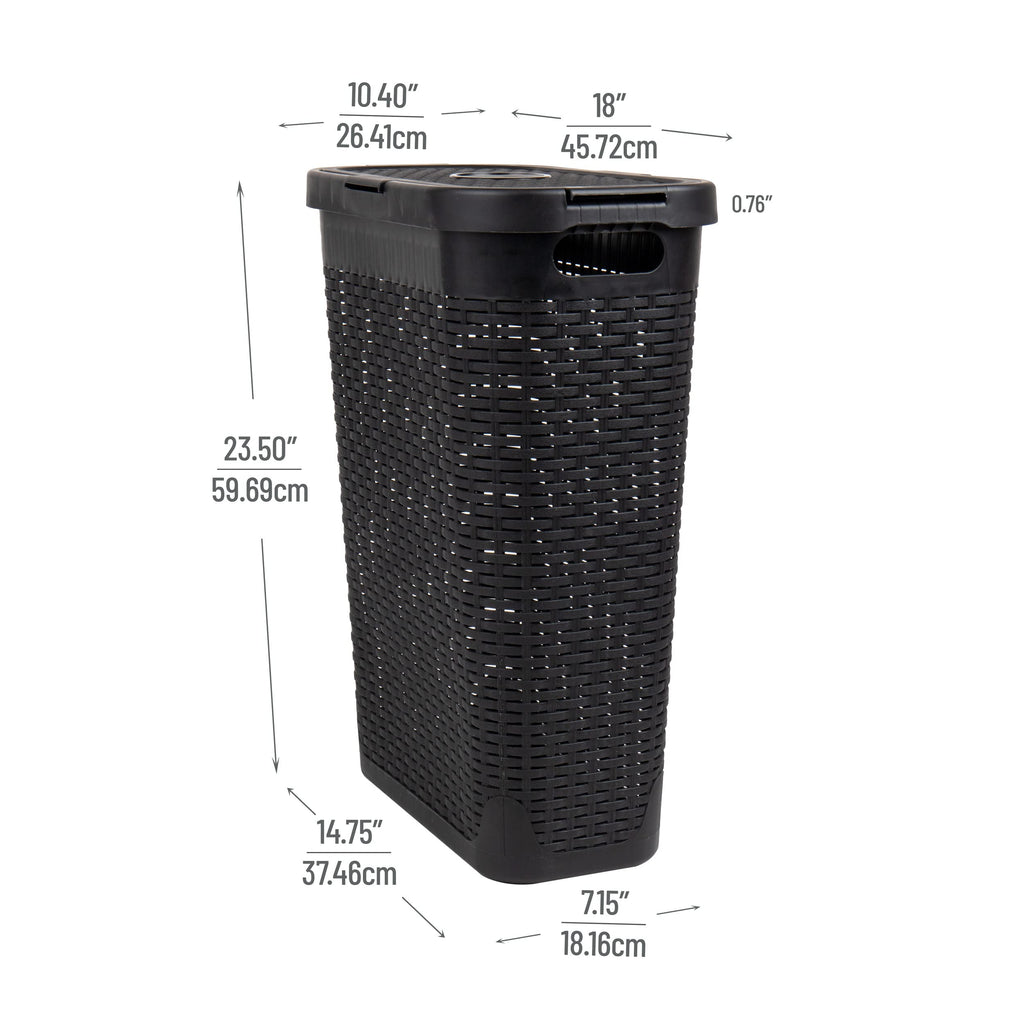 Mind Reader 40L Slim Laundry Hamper, Clothes Basket, Lid, Wicker Design, Plastic, 18''L X 10.4''W X 23.5''H, Set Of 2, Black