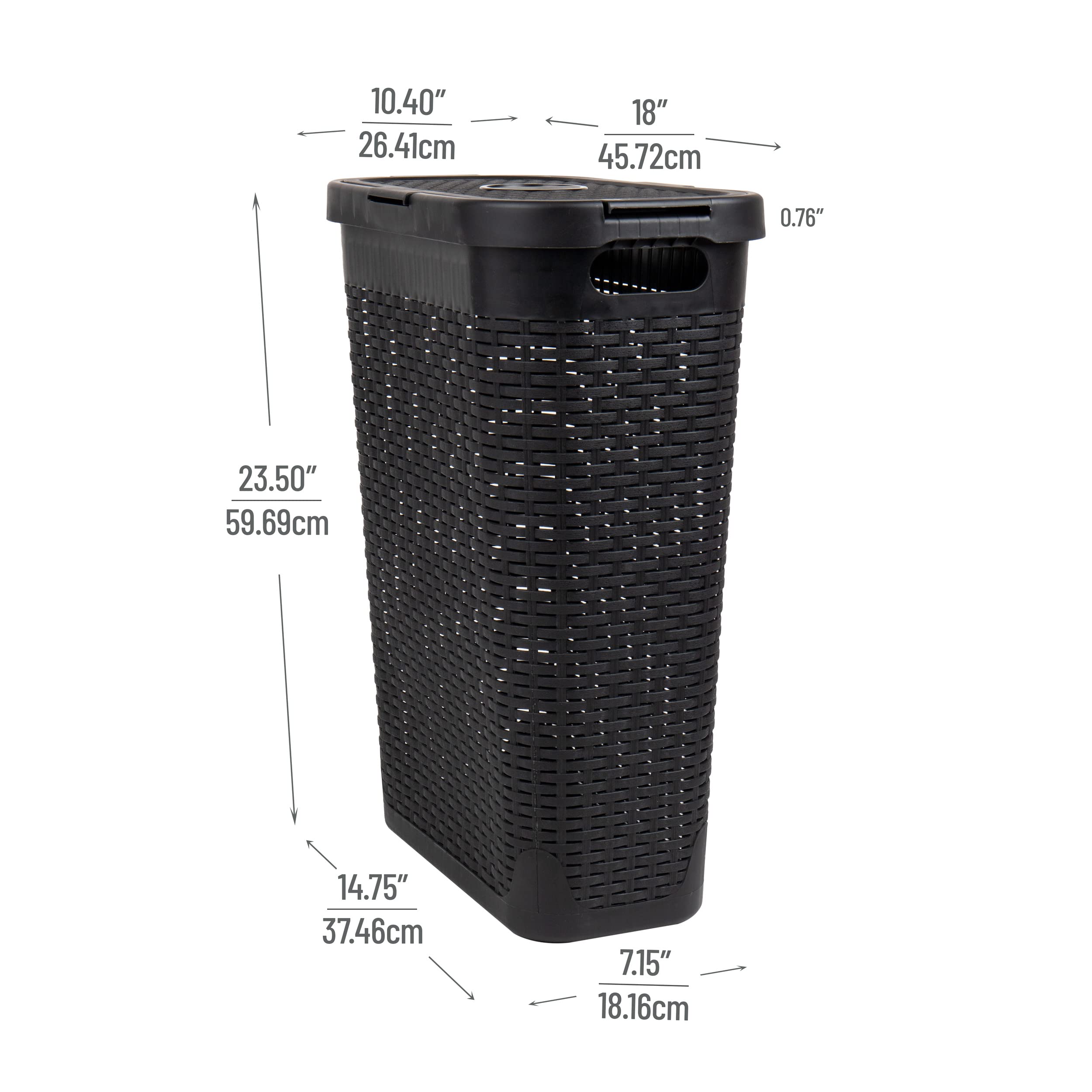 Mind Reader 40L Slim Laundry Hamper, Clothes Basket, Lid, Wicker Design, Plastic, 18''L X 10.4''W X 23.5''H, Set Of 2, Black