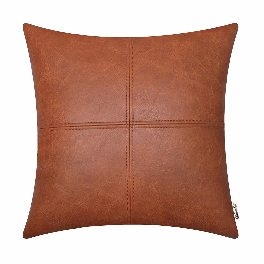 BRAWARM Faux Leather Throw Pillow Covers 16 X 16 Inches, Cognac Leather Pillow Cover, Hand Stitched Leather Decorative Pillow Co