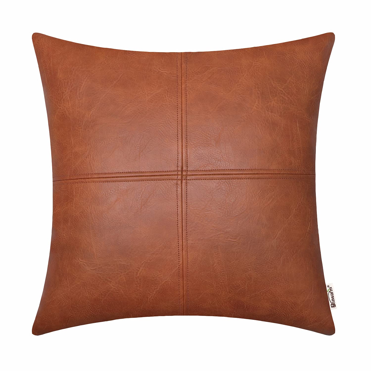 BRAWARM Faux Leather Throw Pillow Covers 16 X 16 Inches, Cognac Leather Pillow Cover, Hand Stitched Leather Decorative Pillow Co