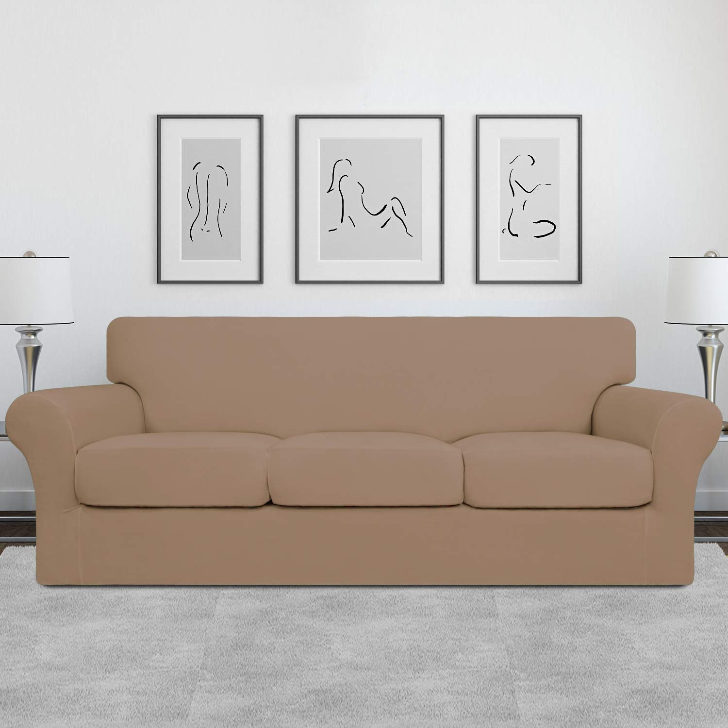 Easy-Going 4 Pieces Stretch Soft Couch Cover For Dogs - Washable Sofa Slipcover For 3 Separate Cushion Couch - Elastic Furniture Protector For Pets, Kids (Sofa, Camel)