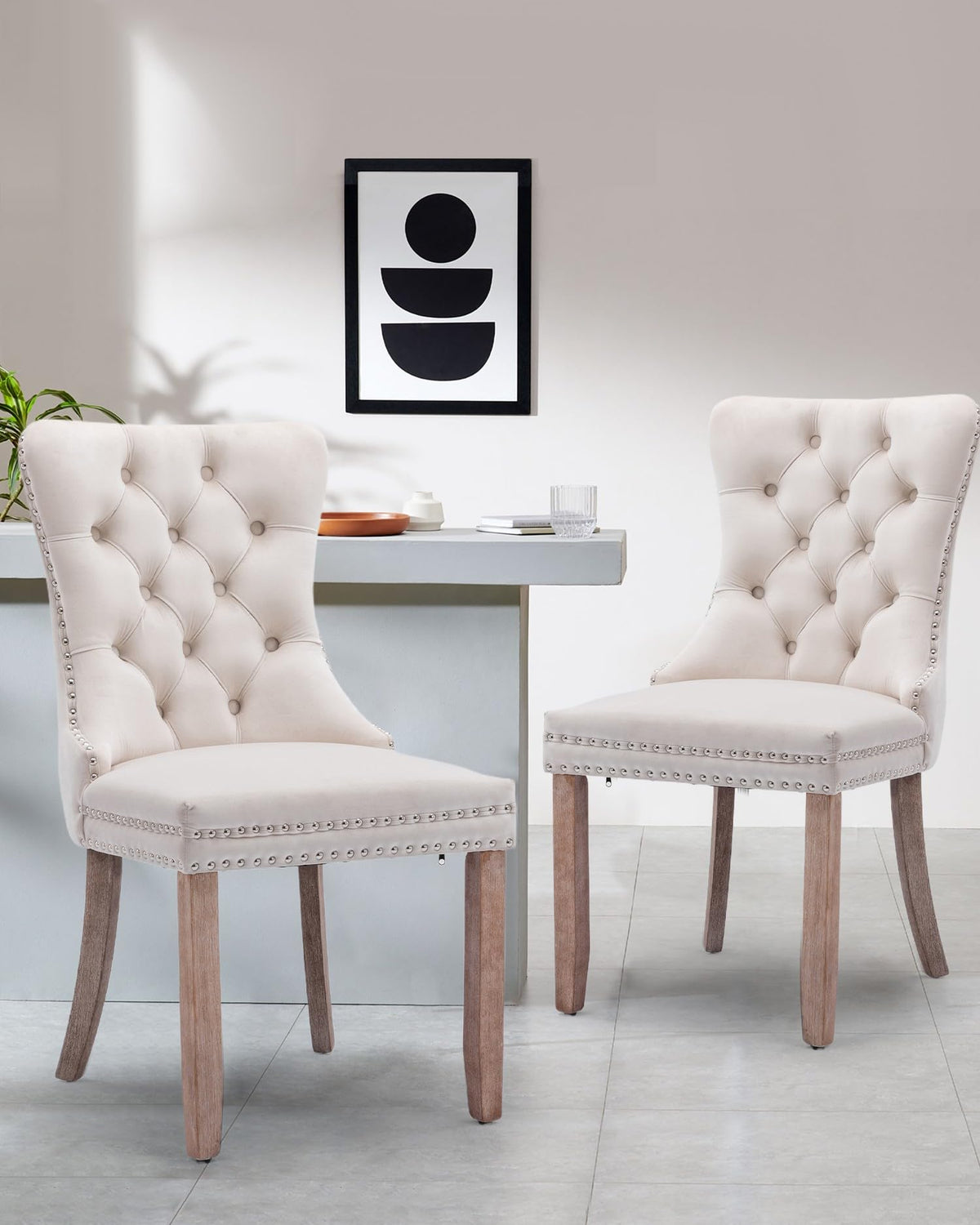 Vicbarley Linen Dining Chair Set Of 2 Upholstered Tufted Dining Room Chair With Nailhead Trim And Solid Wood Legs For Kitchen, R